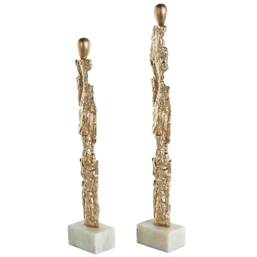 Gold Aluminum Metal Tall Textured Figurine Abstract Sculpture with Marble Bases Set of 2