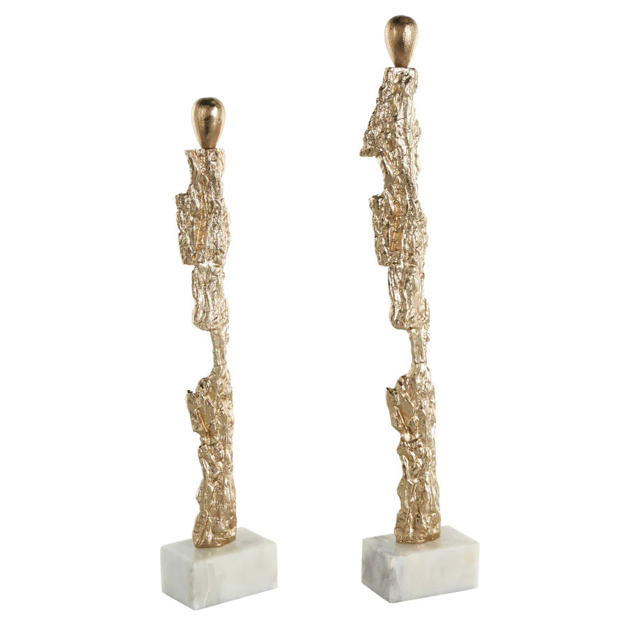 Gold Aluminum Metal Tall Textured Figurine Abstract Sculpture with Marble Bases Set of 2