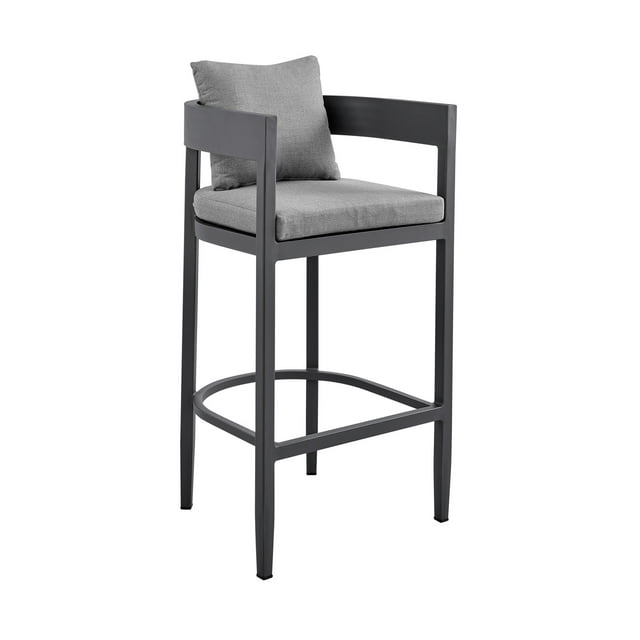 Menorca Outdoor Patio Counter Height Bar Stool in Aluminum with Grey Cushions