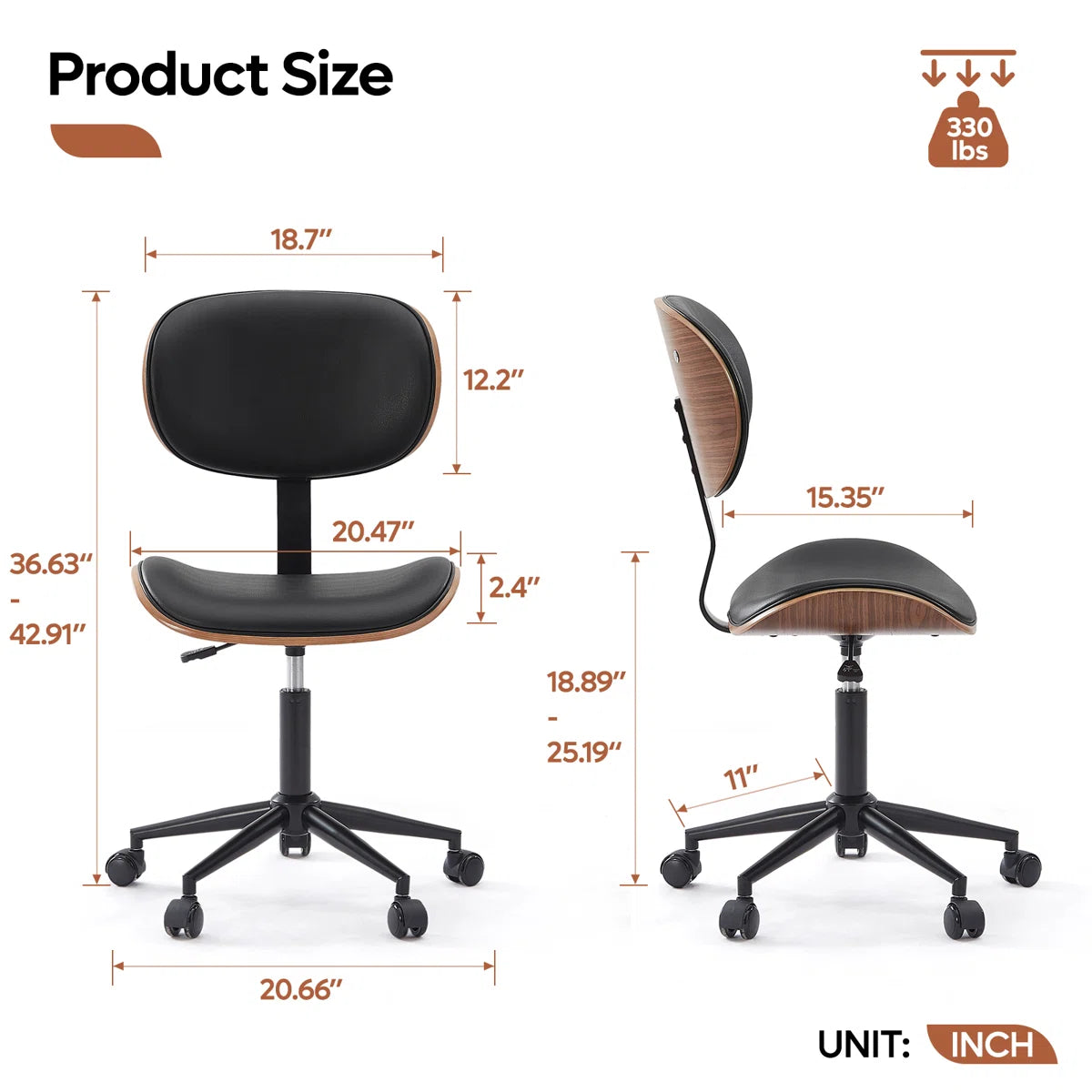 Arne Bentwood Ergonomic Armless Office Desk Chair with Wheels