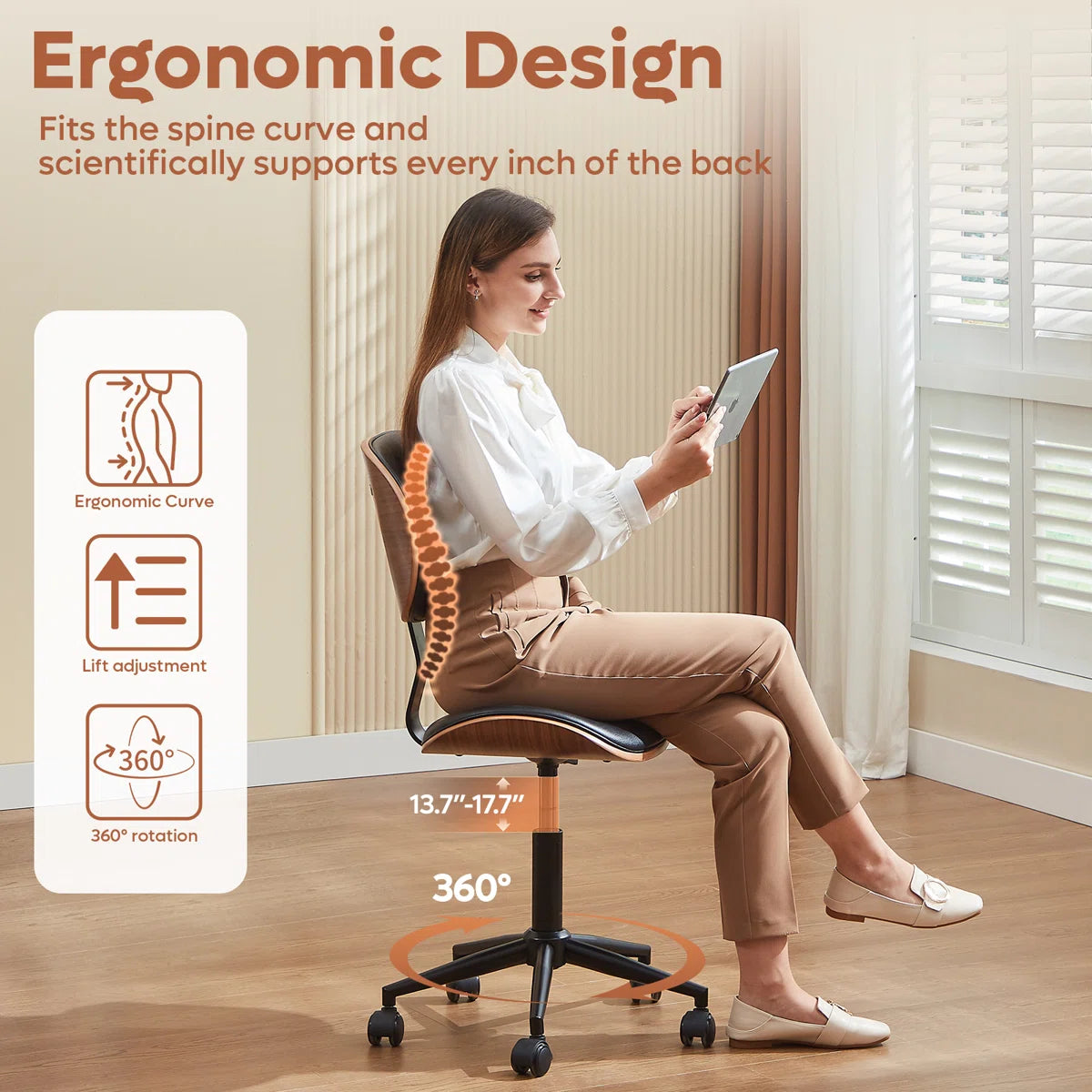 Arne Bentwood Ergonomic Armless Office Desk Chair with Wheels
