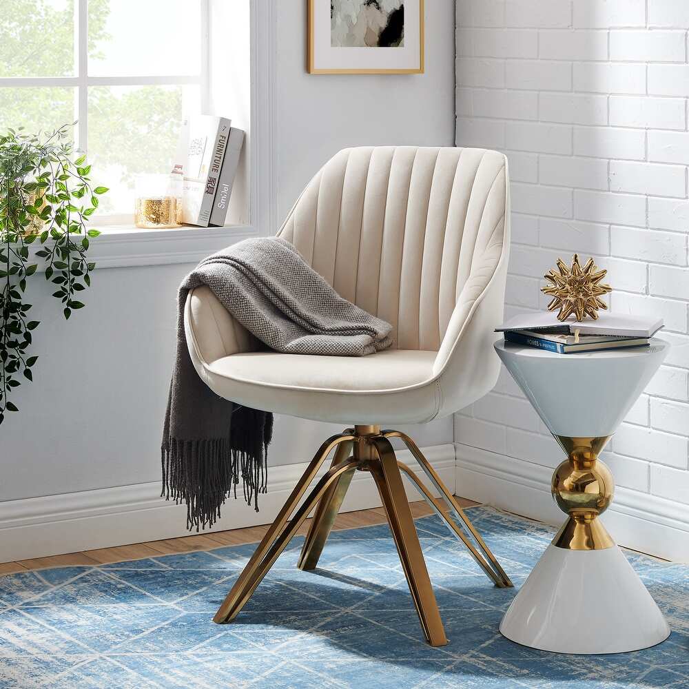 Classical Swivel Office Accent Arm Chair with Golden Legs - Golden Legs - OFF WHITE