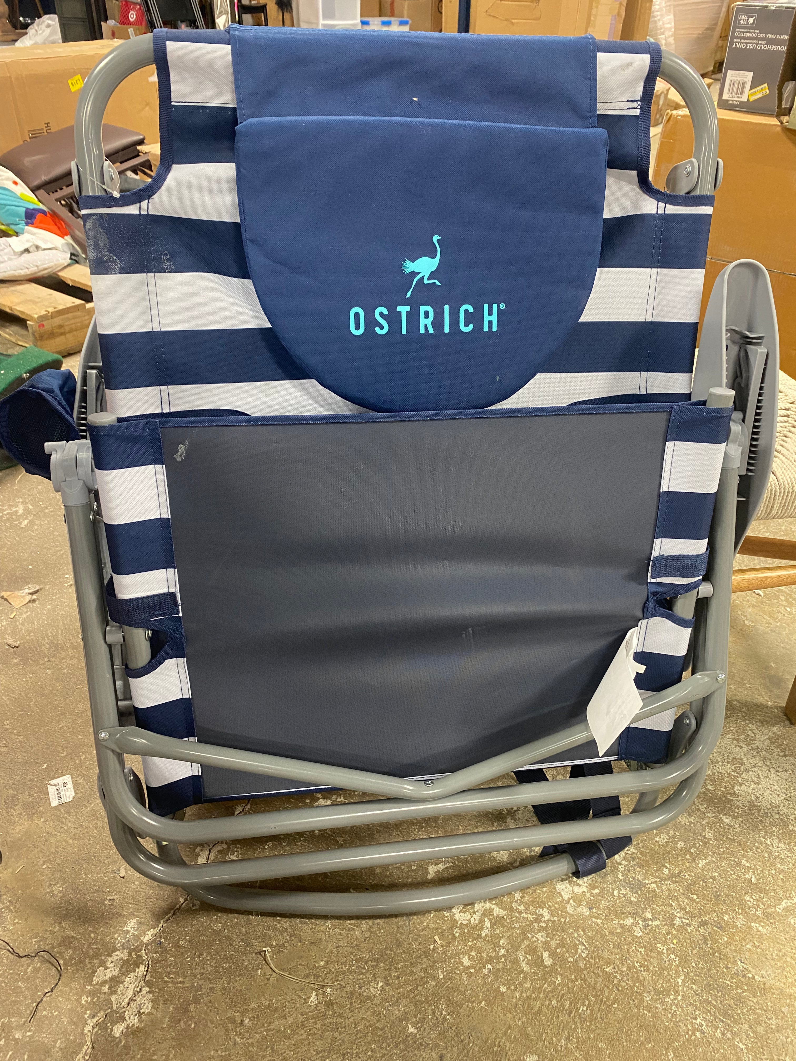 On-Your-Back Sand Chair, Beach Reclining Lawn Chair w/Backpack Straps, Outdoor Furniture for Pool, Camping, or Backyard, Blue Stripe