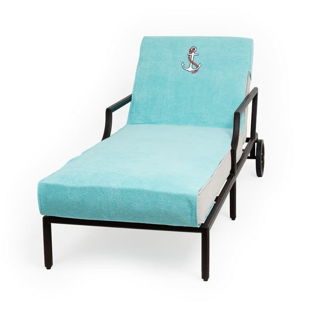 Authentic Turkish Cotton Embroidered Anchor Aqua Towel Cover for Standard Chaise Lounge Chair