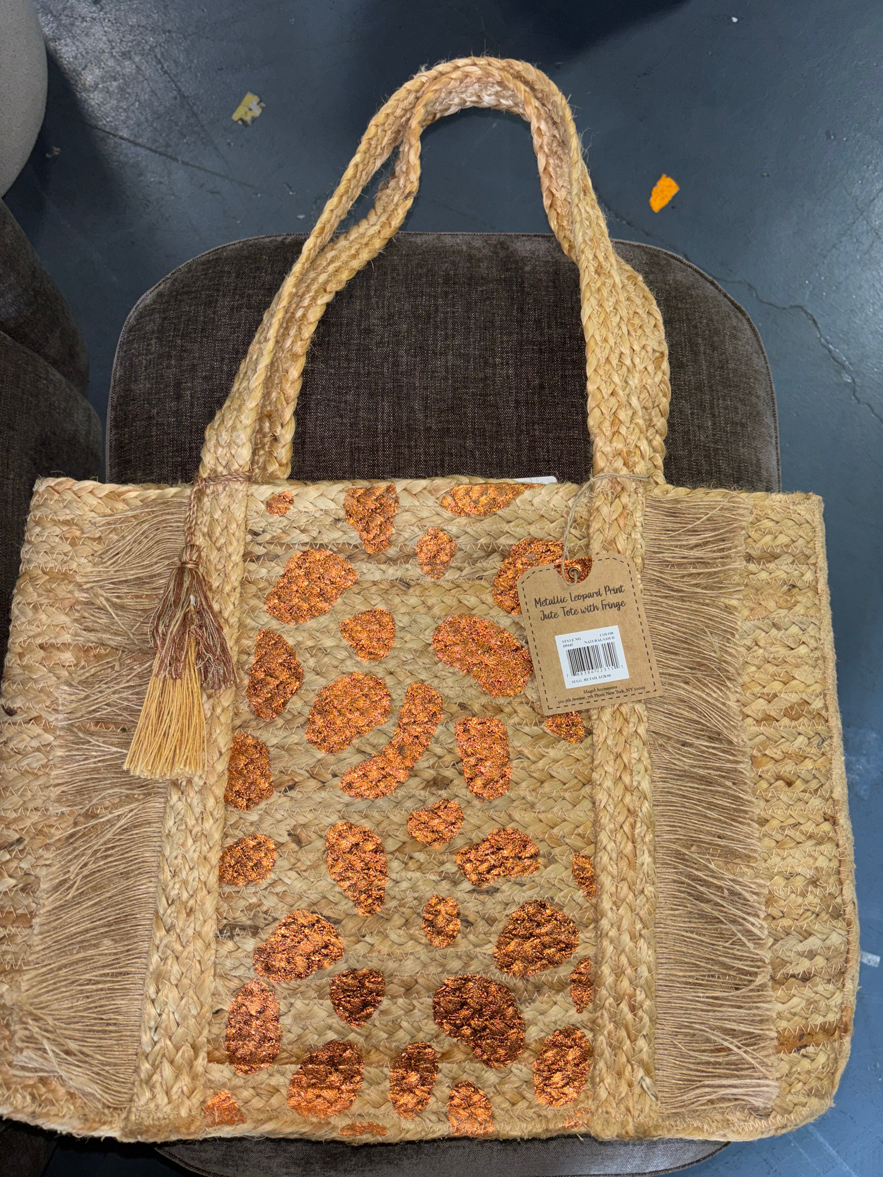 Magid Metallic Leopard Print Natural Straw Jute Tote - Natural/Gold SHOWROOM ITEM