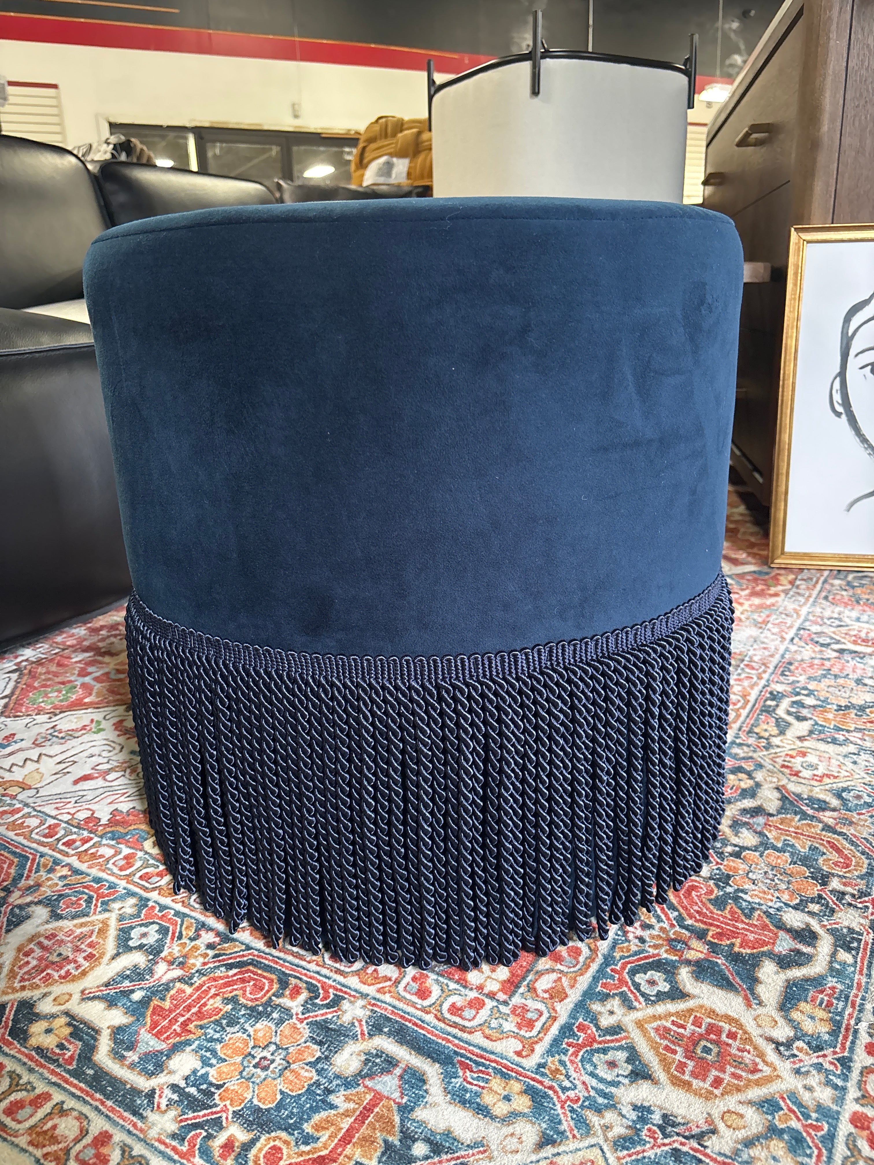 Fringe Drum Ottoman in Velvet - Ink Navy SHOWROOM ITEM