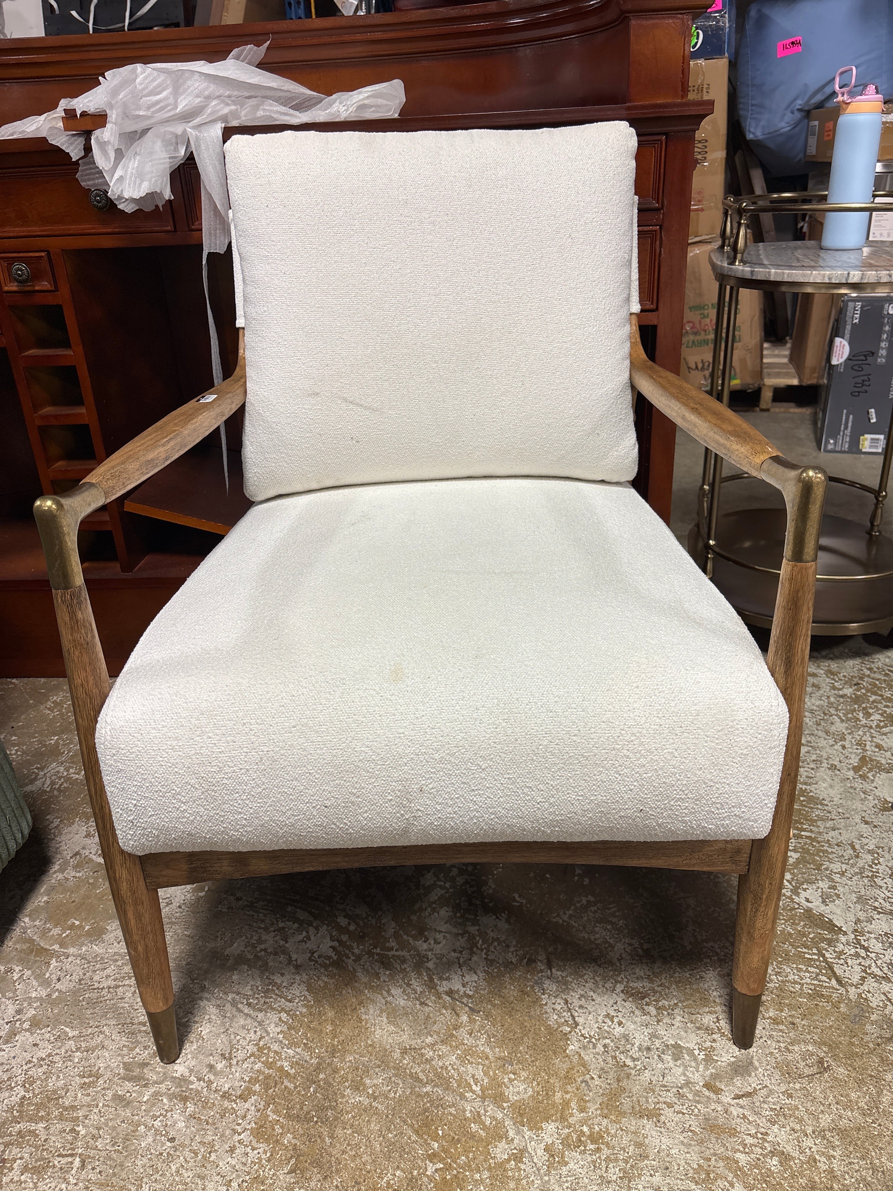 Boucle Upholstered Accent Arm Chair with Brass Details SHOWROOM ITEM