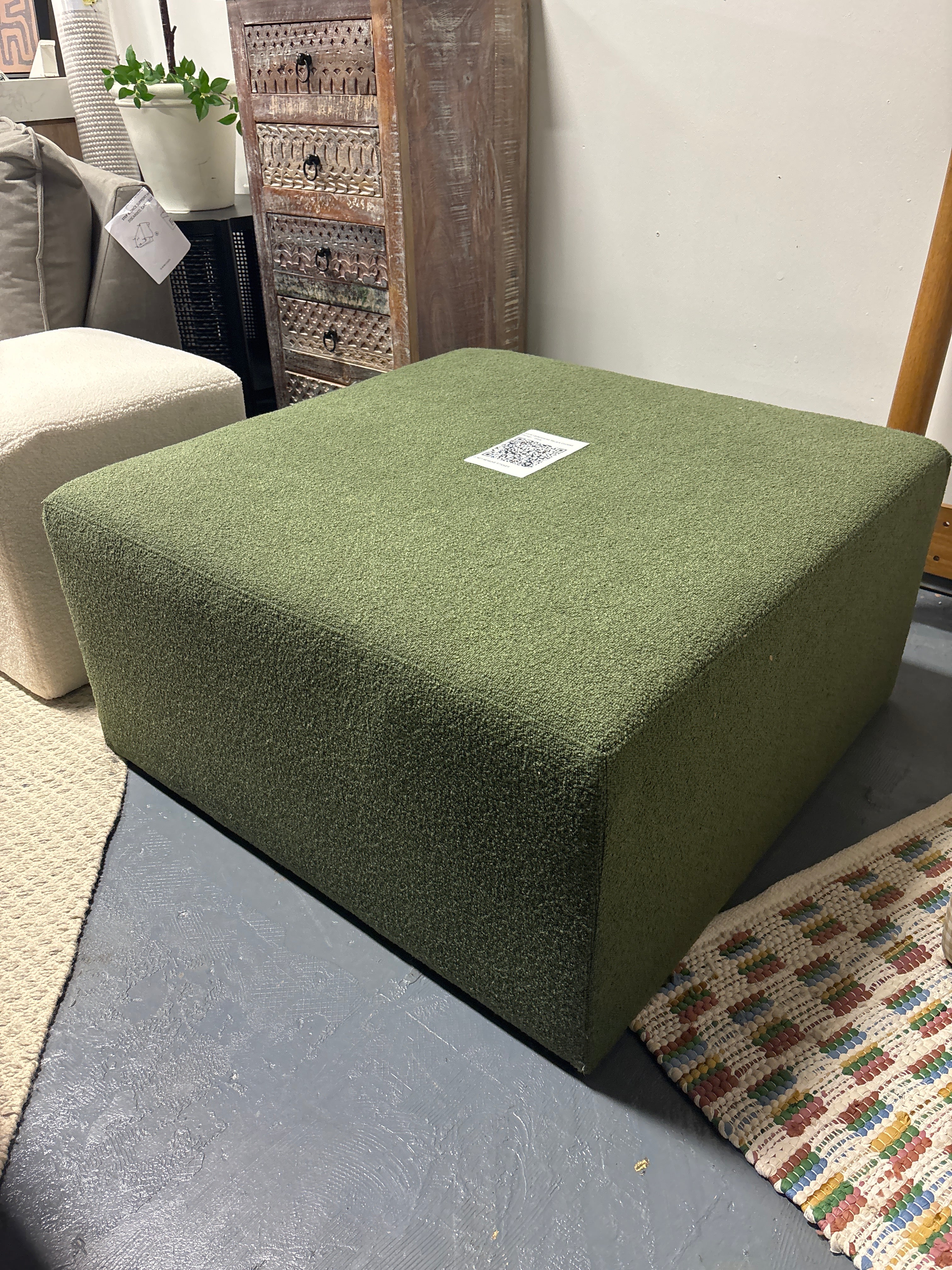 Boucle Upholstered Square Cocktail Ottoman - Olive SHOWROOM ITEM