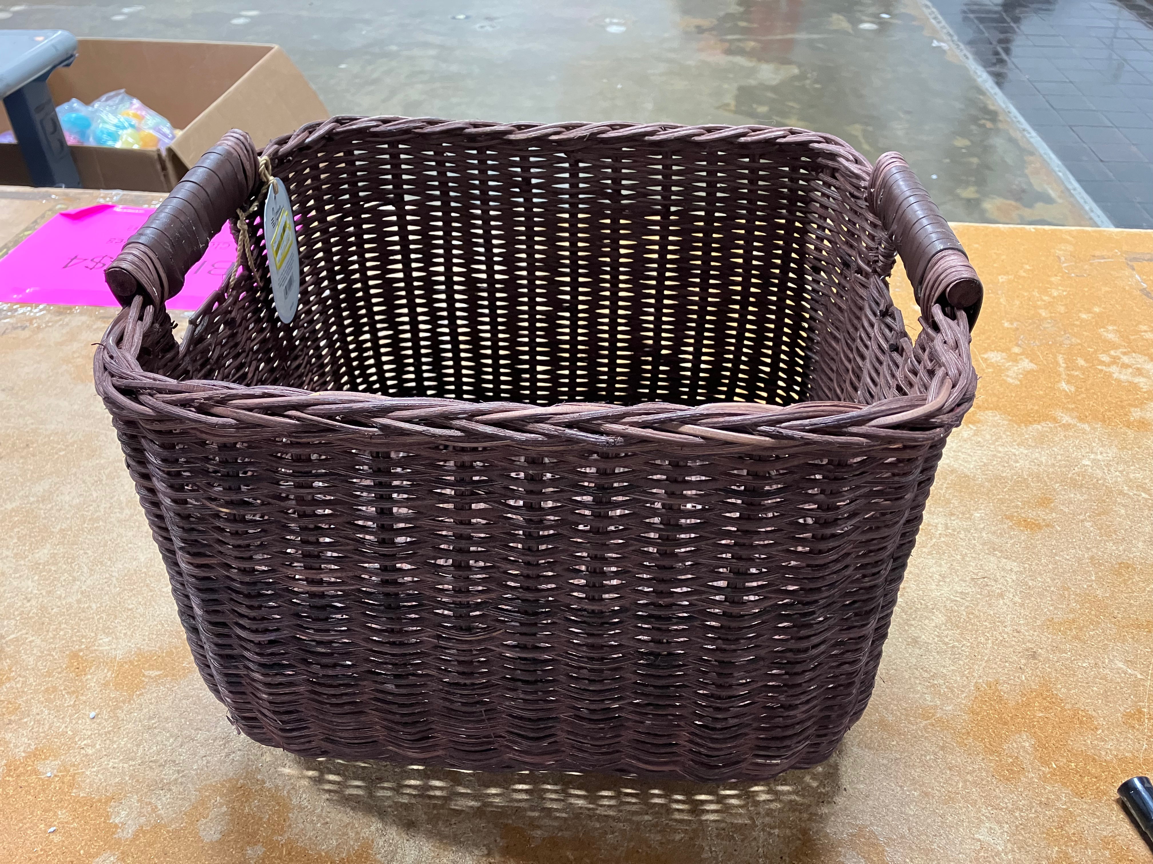 Cube Rattan Decorative Basket with Leather Handles Dark Brown
