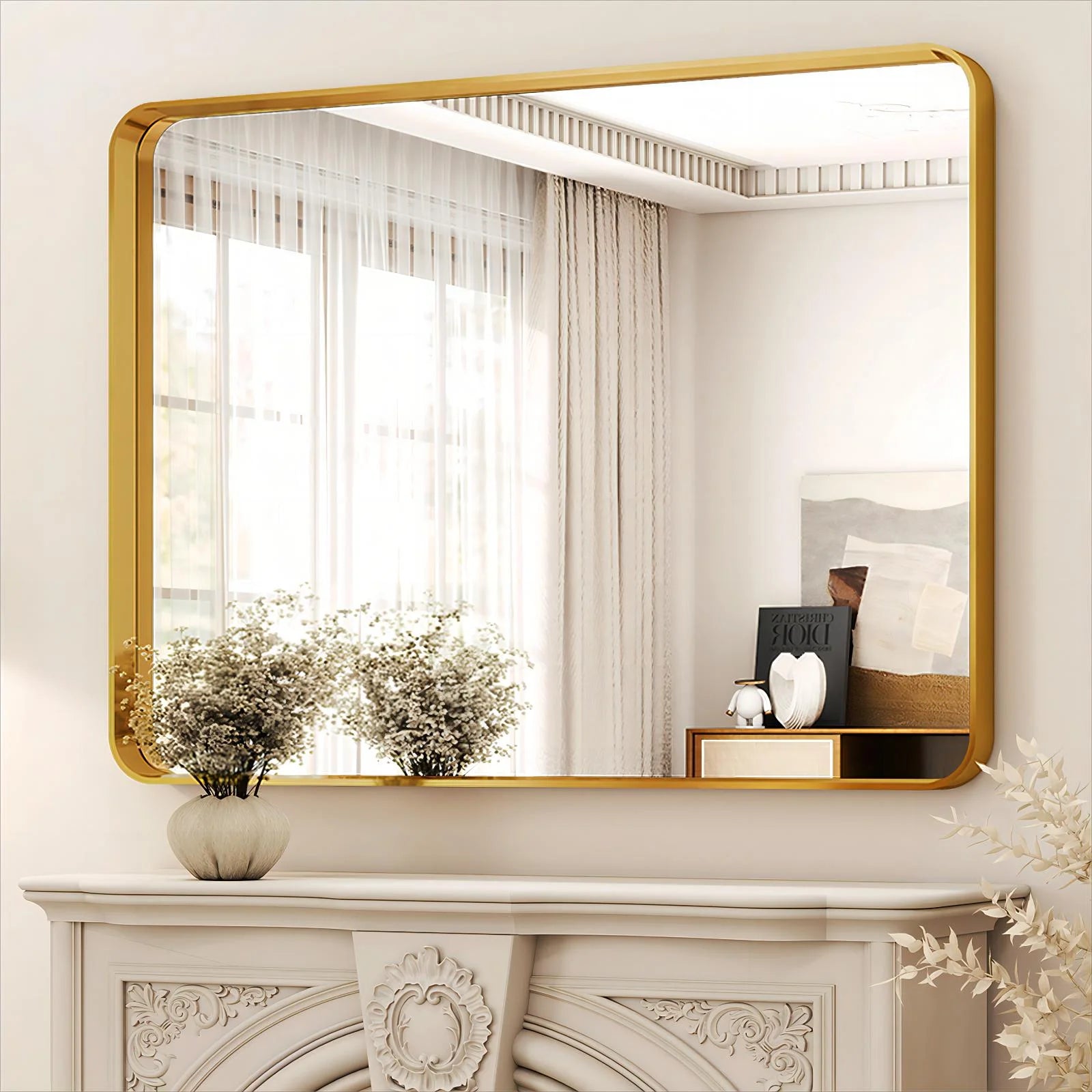 Bathroom Mirror, Modern Round Corner Vanity Wall Mirror, Gold