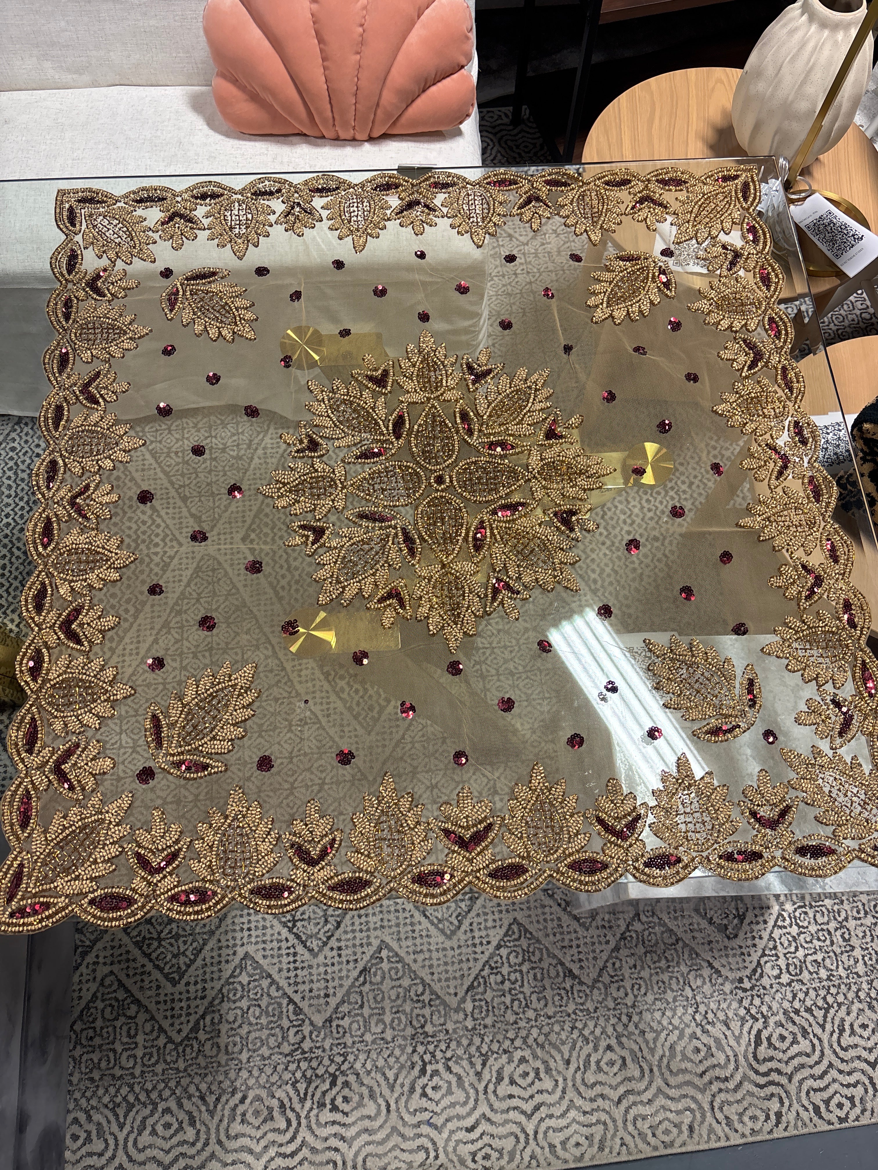 Lakshmi Collection Elegant Hand Beaded Table Cloth Burgundy SHOWROOM ITEM