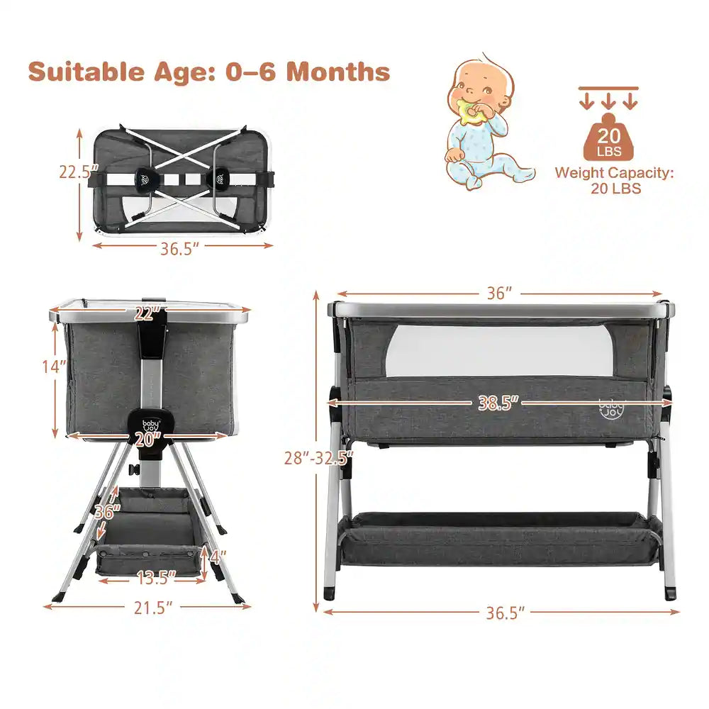Baby Bassinet Bed Side Crib Adjustable Infant Sleeper Bassinet - Light Grey