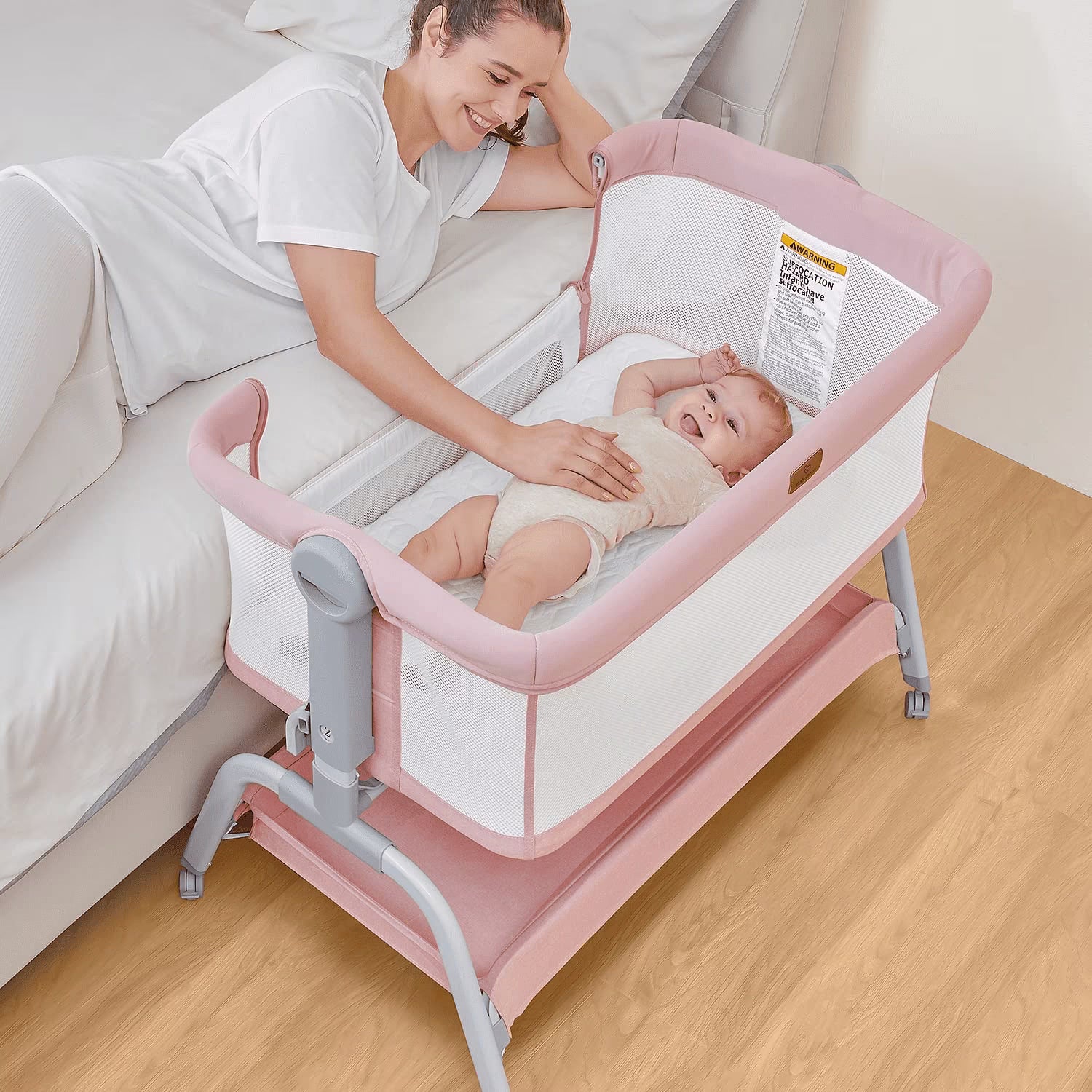 3 in 1 Bassinet Bedside Sleeper with Washable Soft Mattress and Sheet, Pink