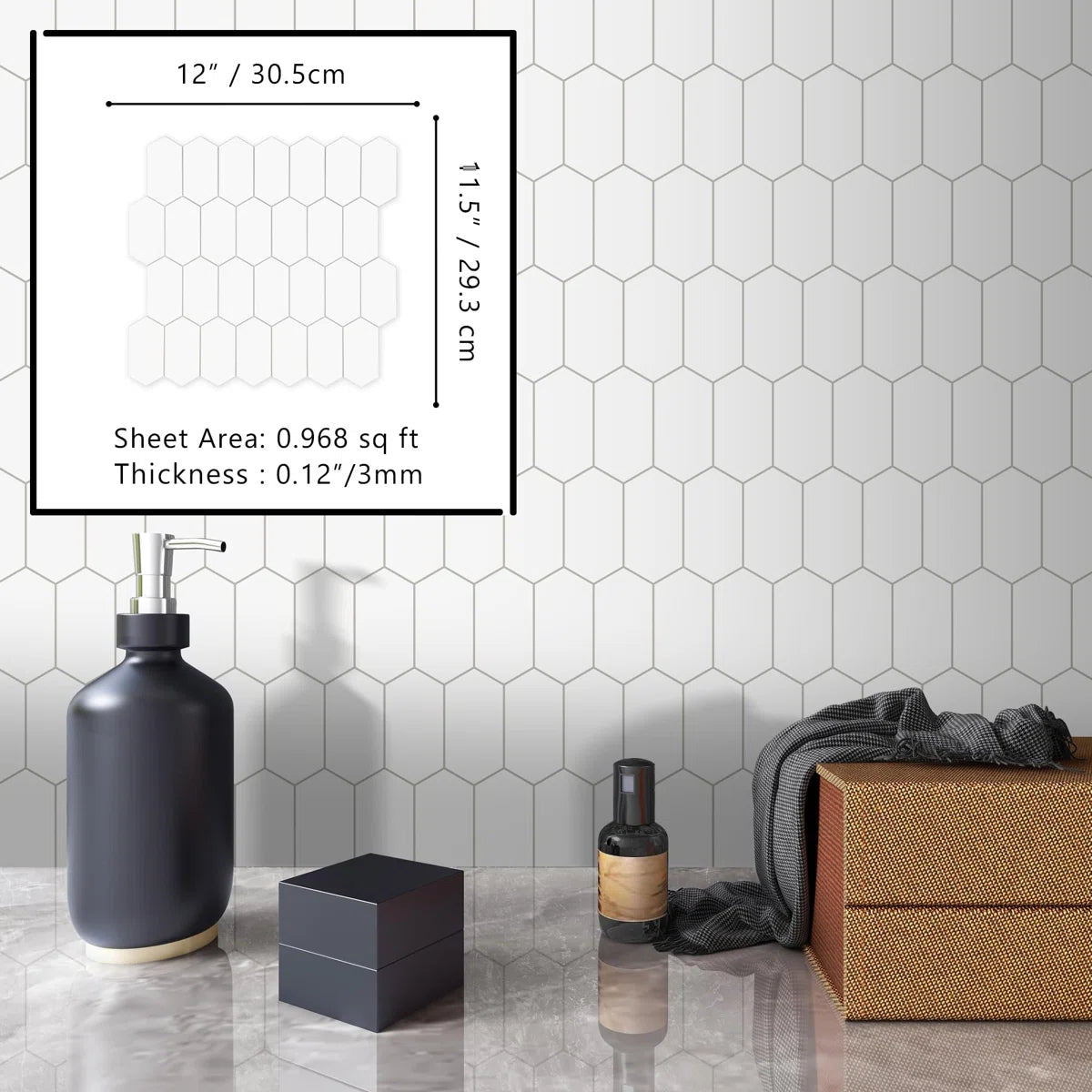 Backsplash Tile For Kitchen Peel And Stick. White Long Hexagon Self Adhesive Wall Tile