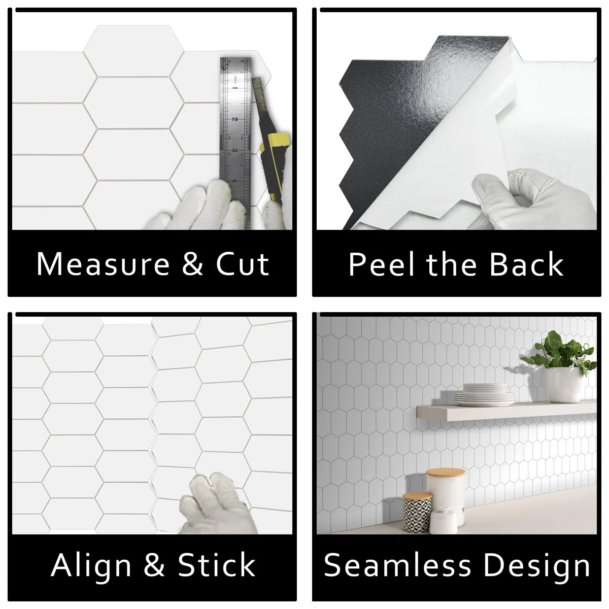 Backsplash Tile For Kitchen Peel And Stick. White Long Hexagon Self Adhesive Wall Tile