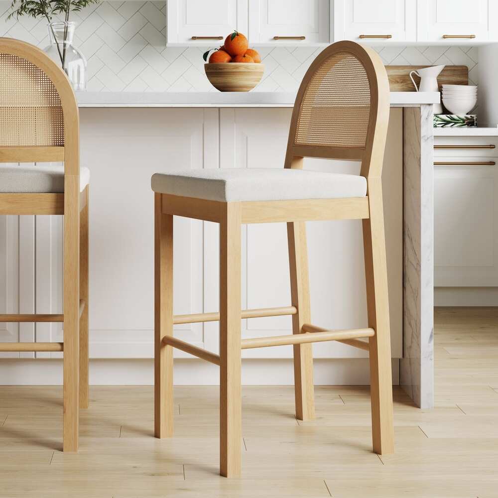 Bailey Boucle Upholstered Rattan Bar Stool or Counter Height Stool with Natural Rattan Woven Back For Kitchen Island - Single - Warm Pine - Bar Height