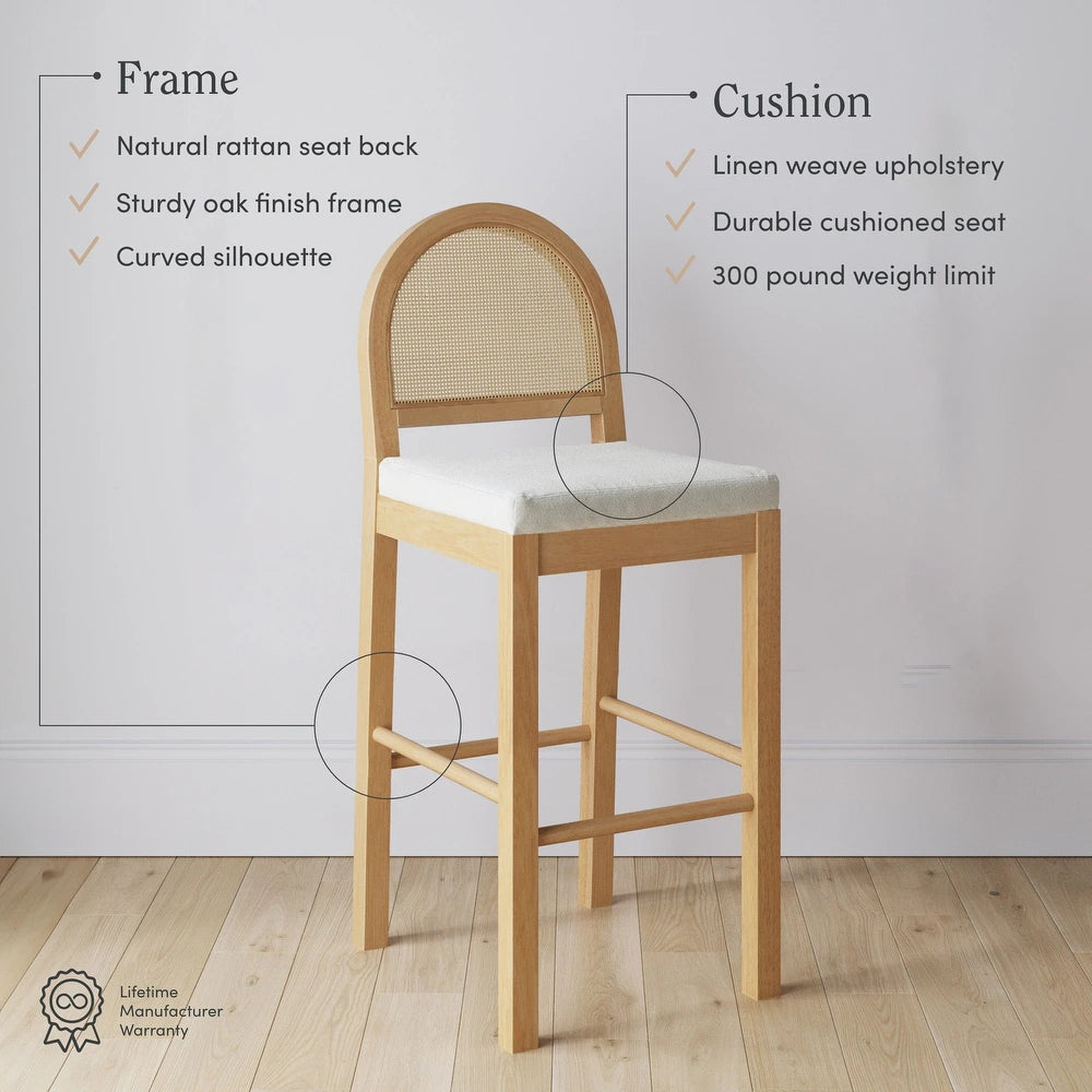 Bailey Boucle Upholstered Rattan Bar Stool or Counter Height Stool with Natural Rattan Woven Back For Kitchen Island - Single - Warm Pine - Bar Height