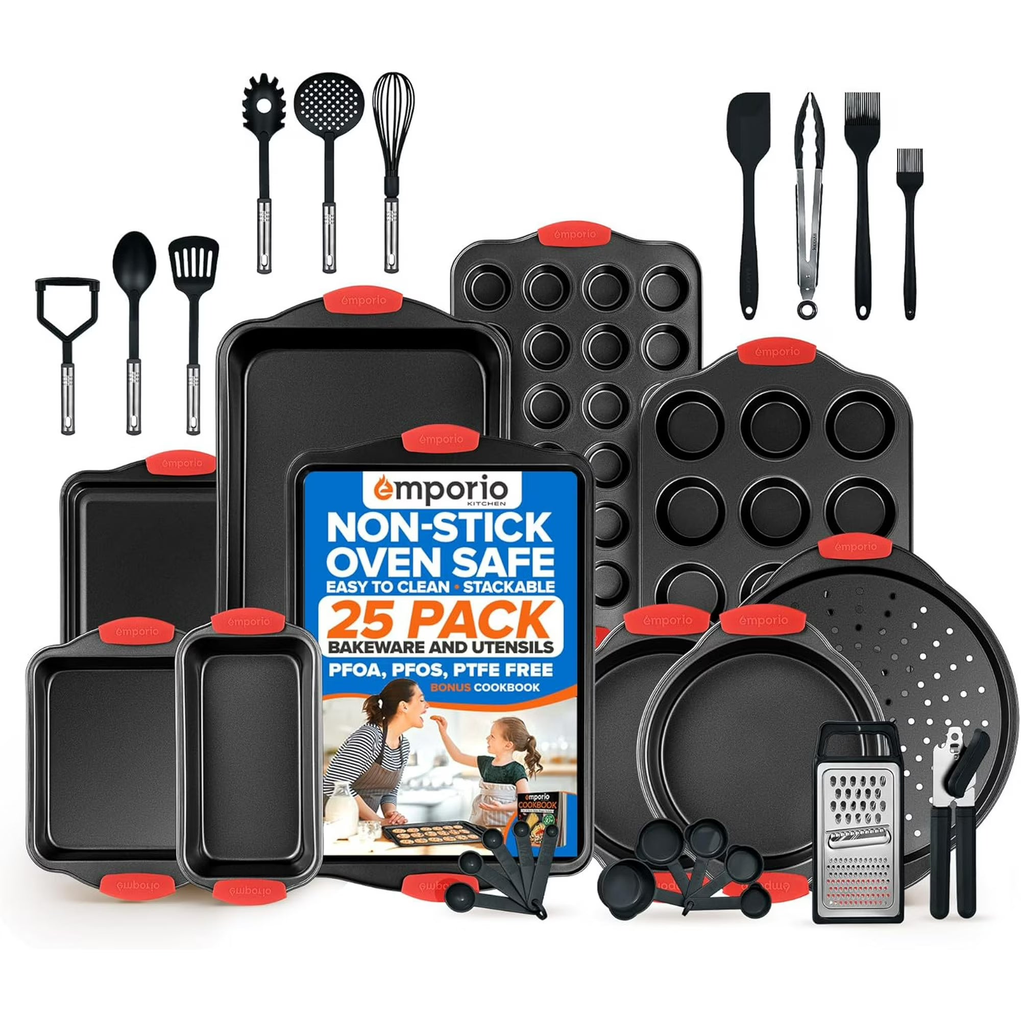 Baking Pan Set - Nonstick Coating, Carbon Steel with Red Silicone Handles, Set of 25 - Black