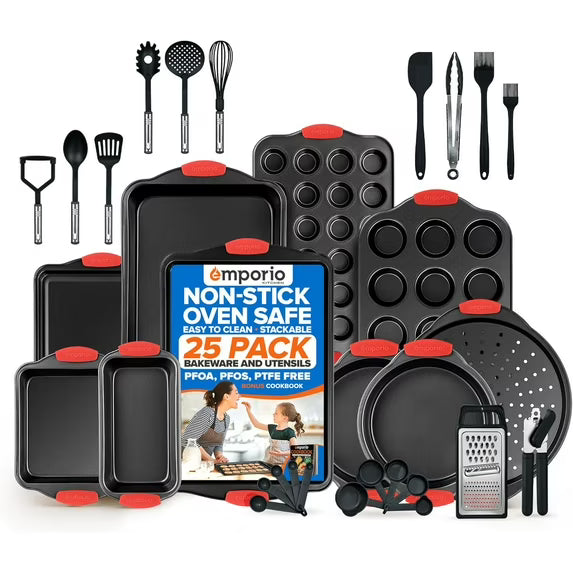 Baking Pan Set - Nonstick Coating, Carbon Steel with Red Silicone Handles, Set of 25 - Black