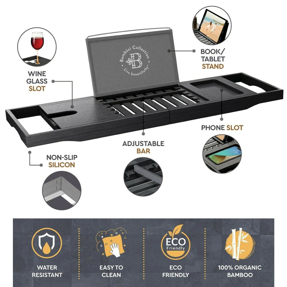 Bambusi Bathtub Caddy Tray with Extending Sides, Reading Stand, Wine Holder and Cellphone Tray - Black