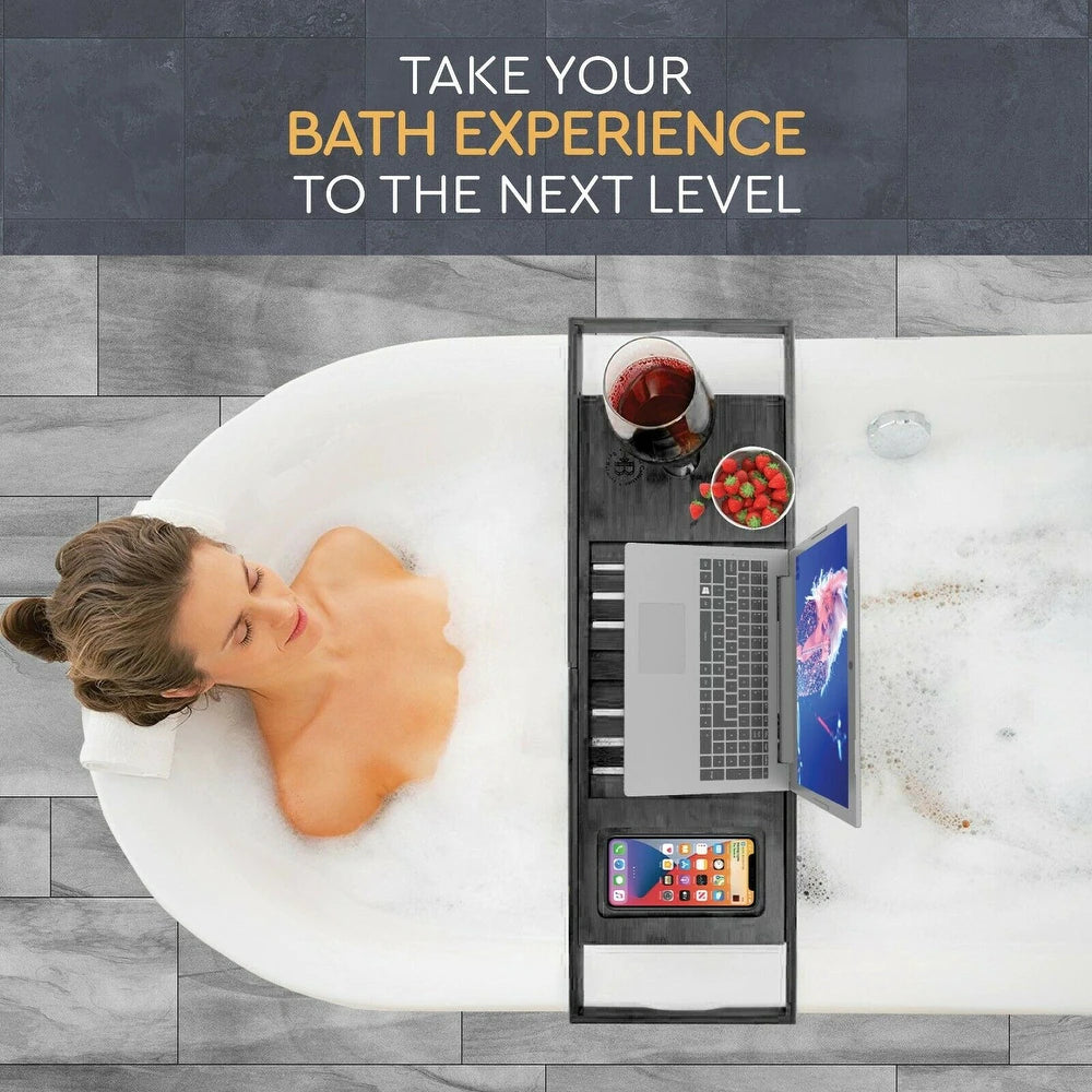 Bambusi Bathtub Caddy Tray with Extending Sides, Reading Stand, Wine Holder and Cellphone Tray - Black