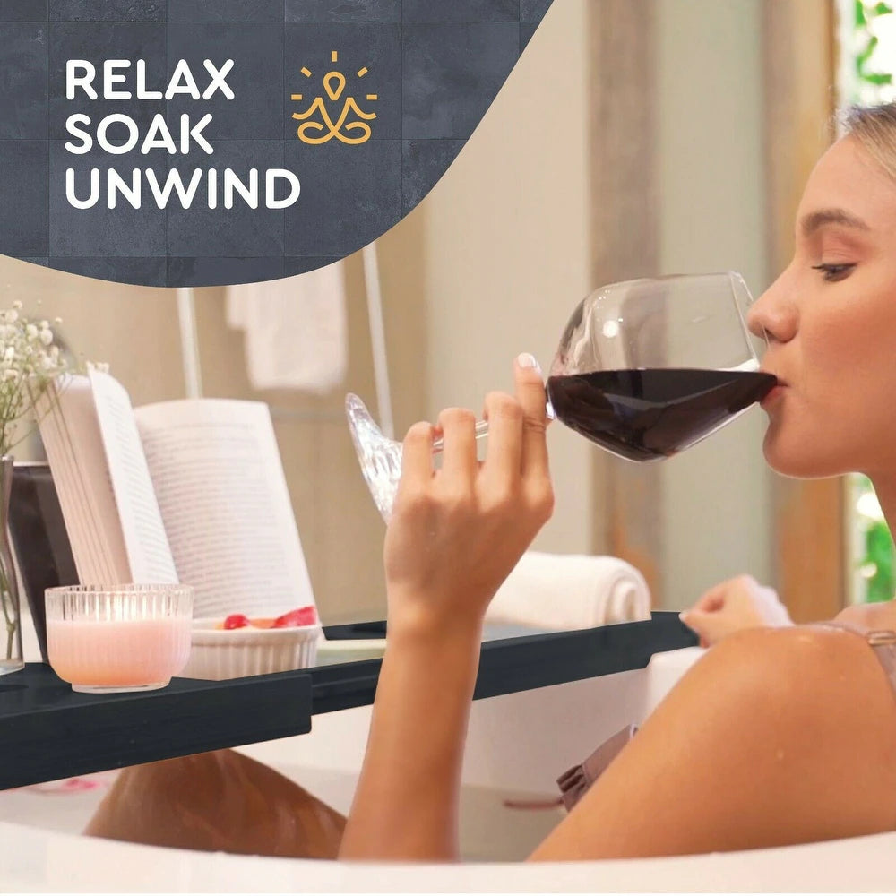Bambusi Bathtub Caddy Tray with Extending Sides, Reading Stand, Wine Holder and Cellphone Tray - Black