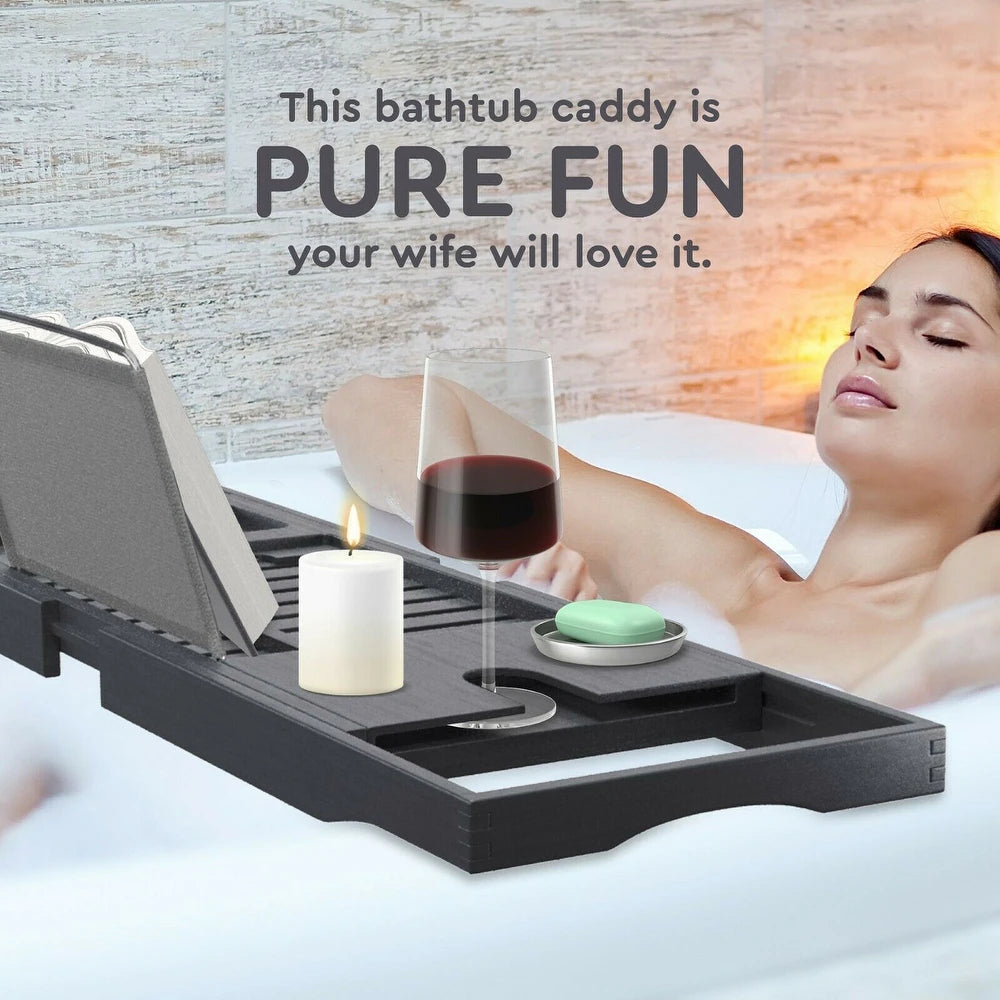 Bambusi Bathtub Caddy Tray with Extending Sides, Reading Stand, Wine Holder and Cellphone Tray - Black