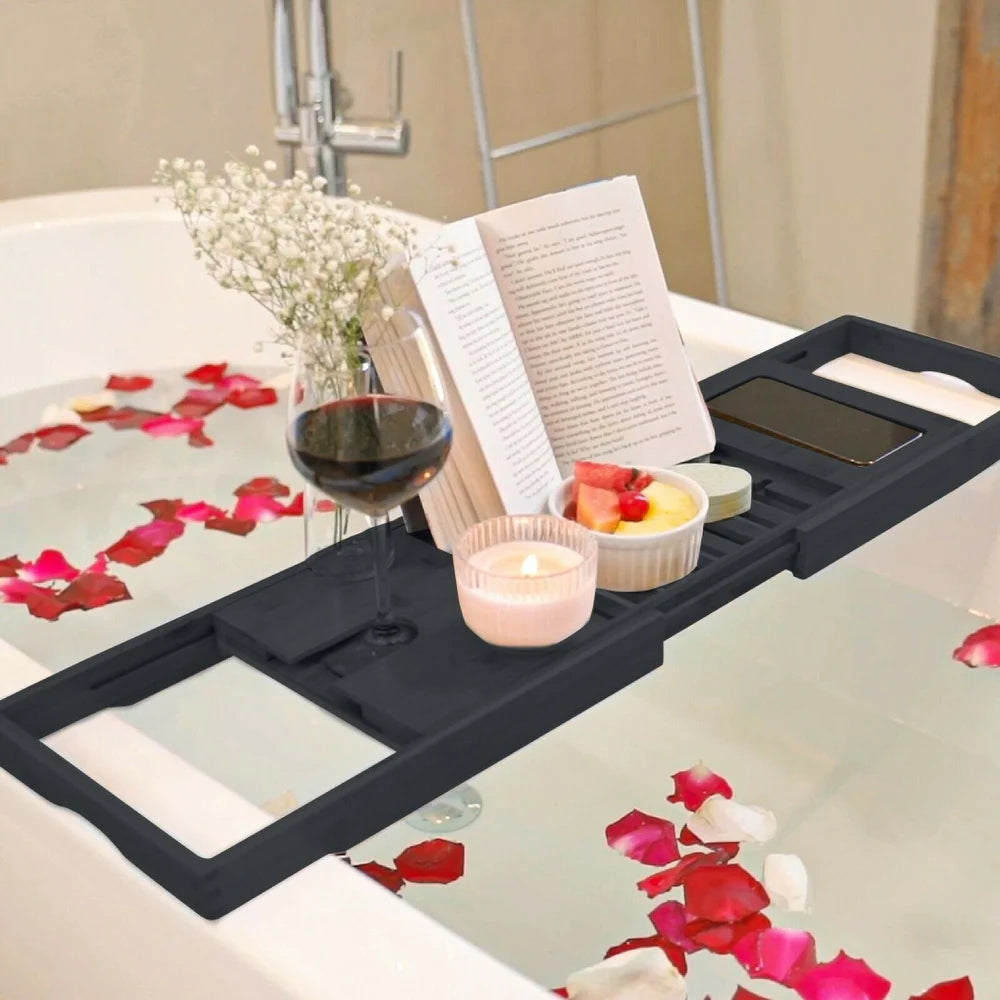 Bambusi Bathtub Caddy Tray with Extending Sides, Reading Stand, Wine Holder and Cellphone Tray - Black