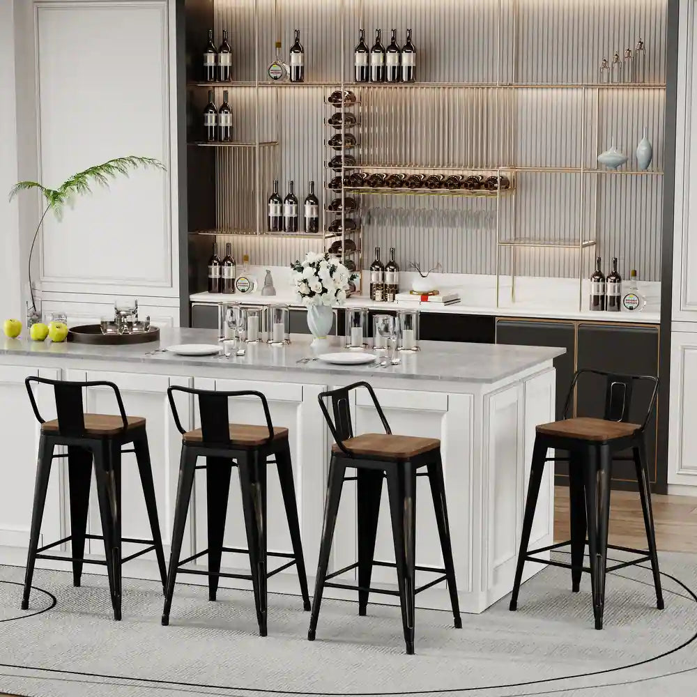 Bar Stools With Back set of 4 Industrial Metal Barstools with Wooden Seats - Black - Counter height