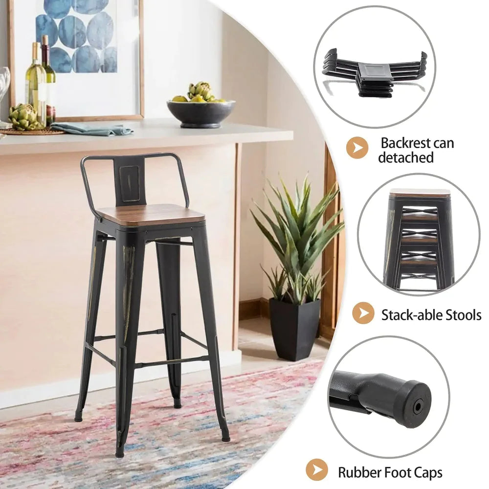 Back Industrial Metal Barstools with Wooden Seats - Black - Short (Set of 4)
