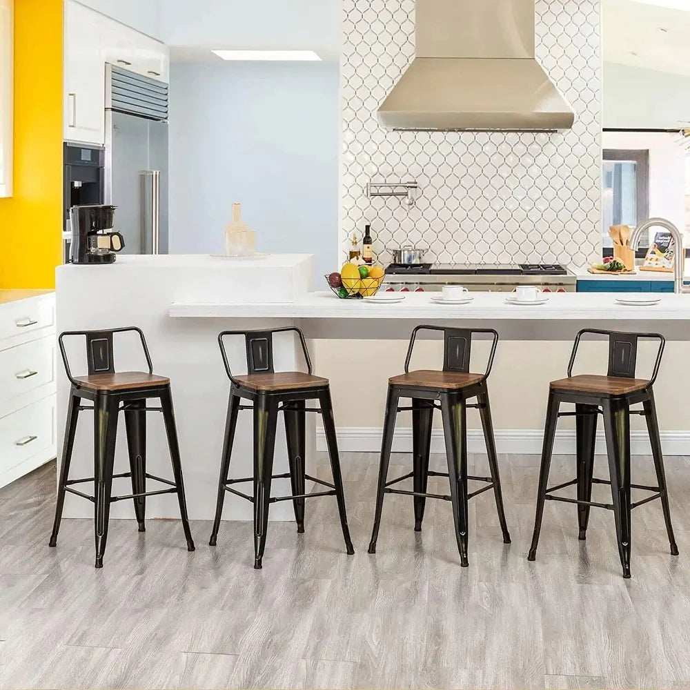 Bar Stools With Back set of 4 Industrial Metal Barstools with Wooden Seats - Black - Counter height