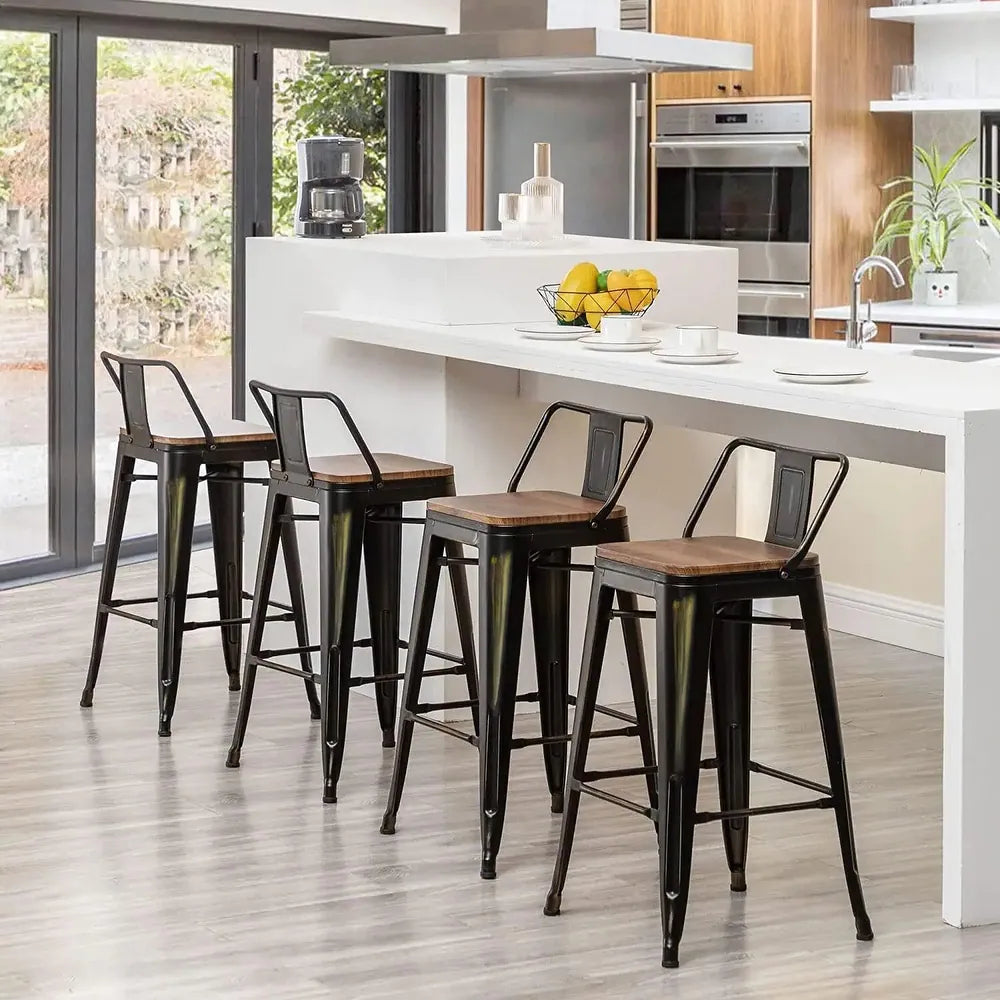 Back Industrial Metal Barstools with Wooden Seats - Black - Short (Set of 4)