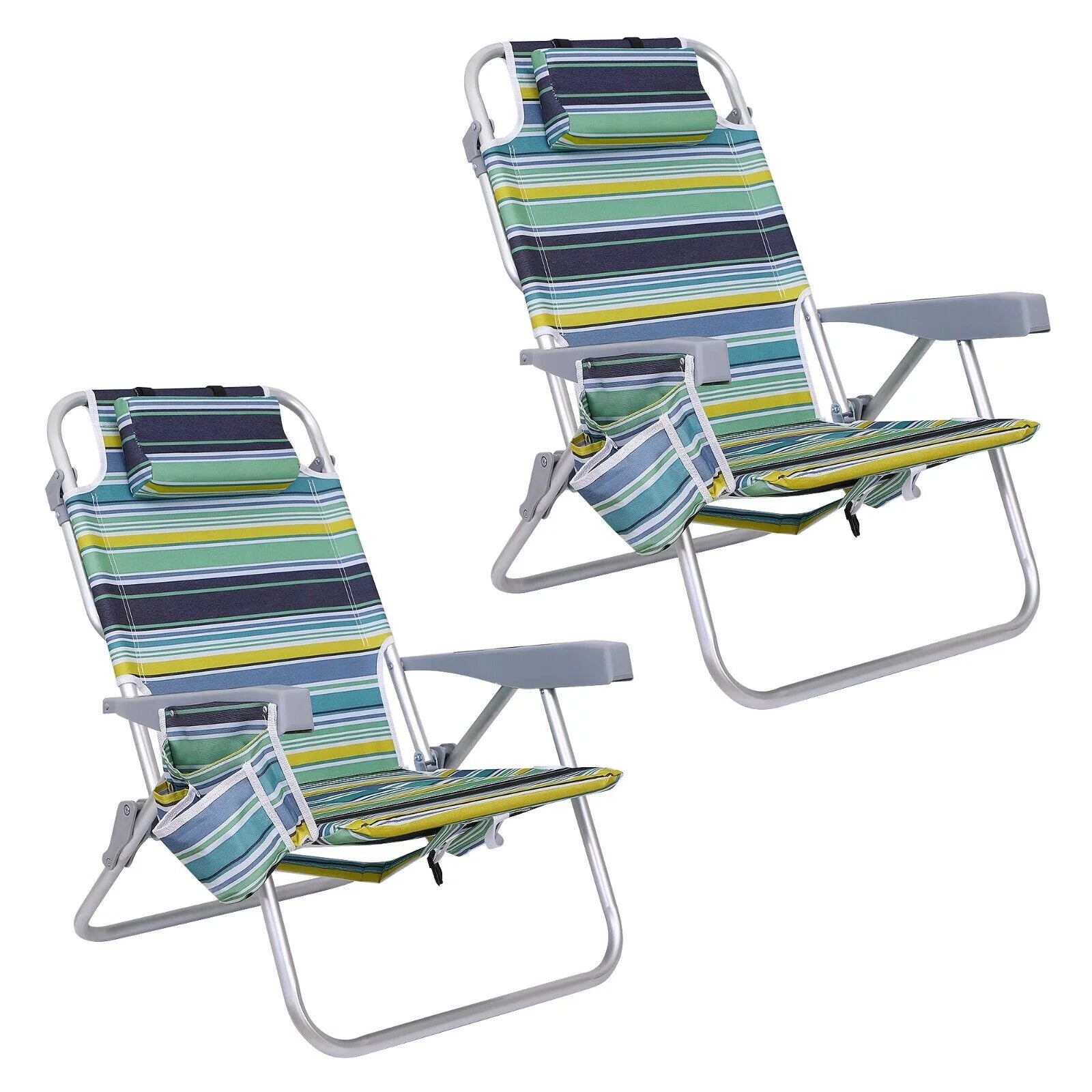 Beach Chair, Backpack Folding Chair with High Back Cooler Bag, 5-Position Reclining with Headrest, Armrest, Large Storage Pouch and Cup Holder (2-Pack Stripe)