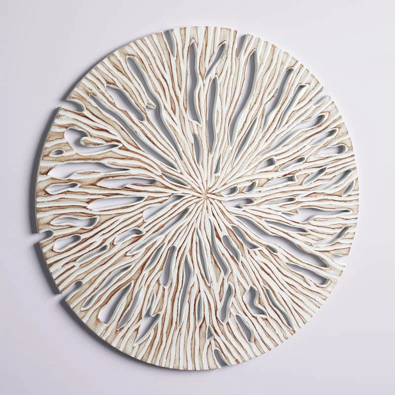Beige Wood Handmade Intricately Carved Starburst Wall Decor