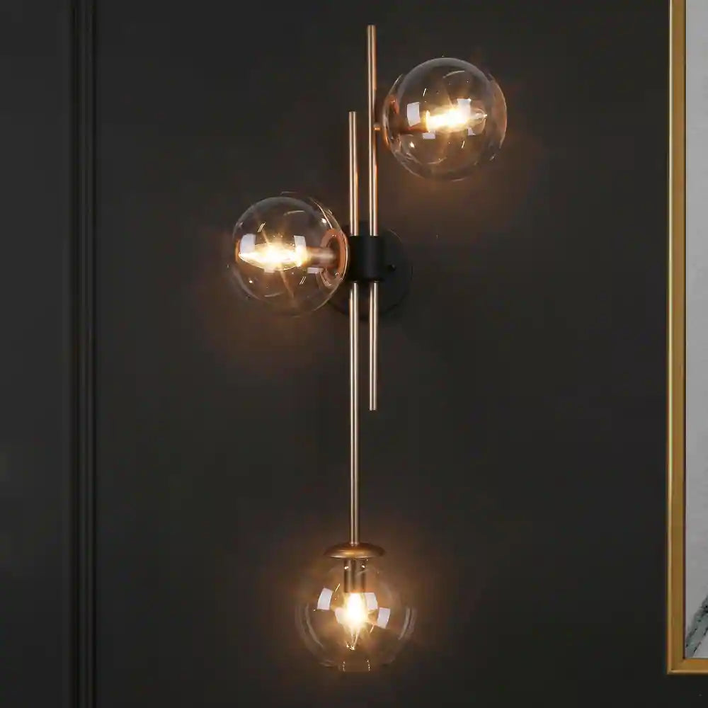 Bela Modern Glam Black Gold 3-Light Linear Wall Sconces Glass Bathroom Lights - Gold/ Black (Set of 2)