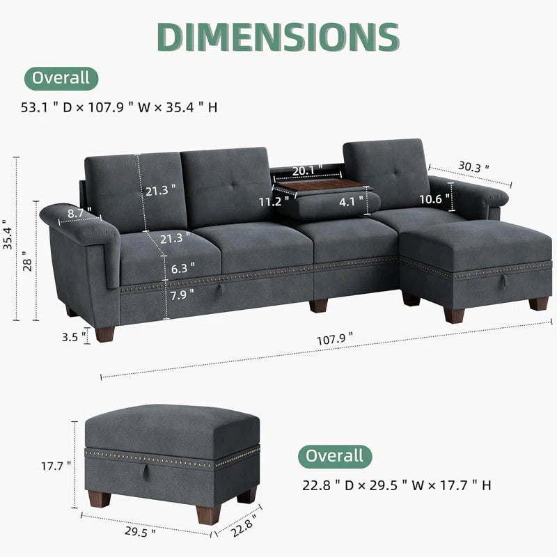 Bergvin Upholstered Sofa Couch with Cup holder, 3 boxes