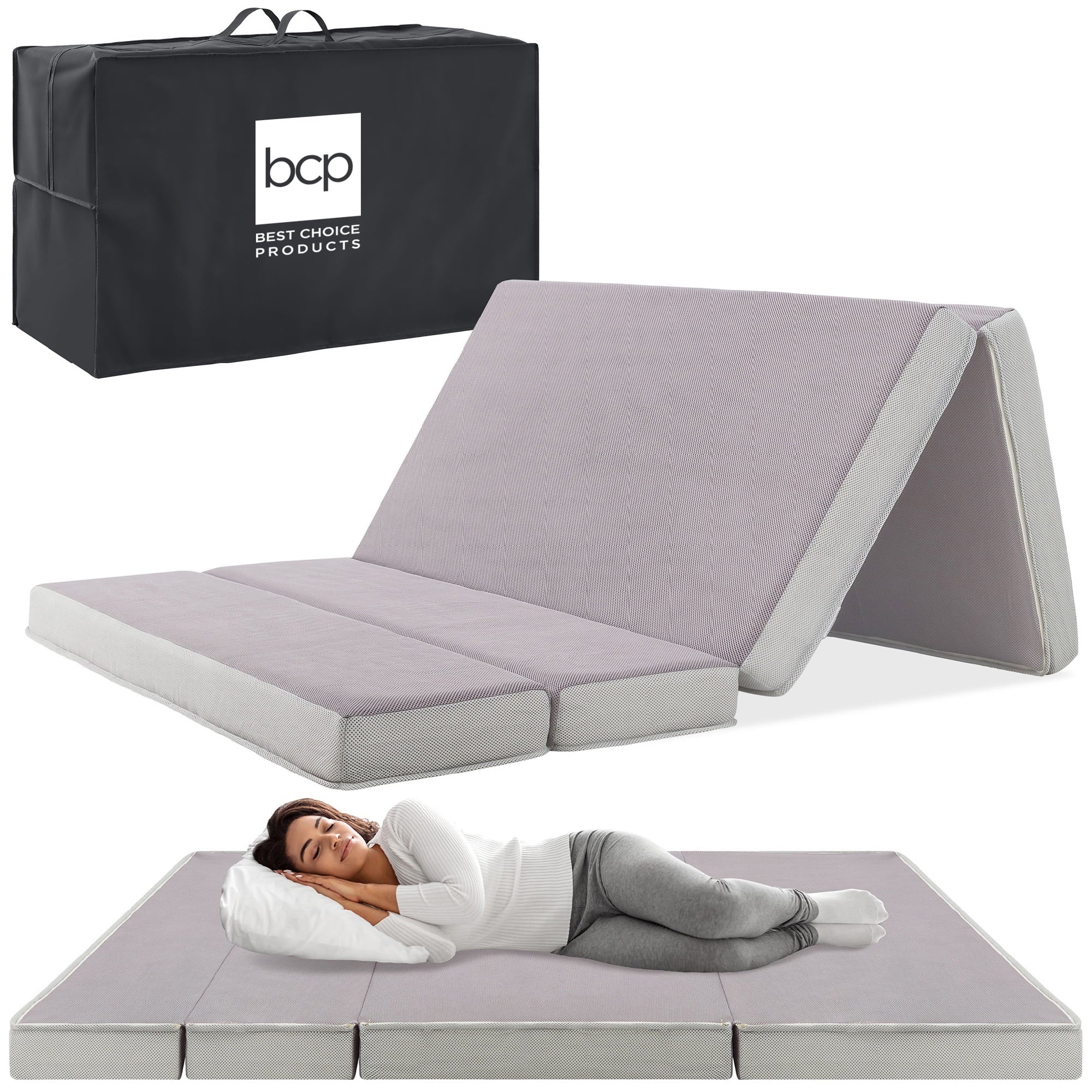 Folding Portable Queen Mattress Topper w/ Carry Case, Washable Cover - Gray