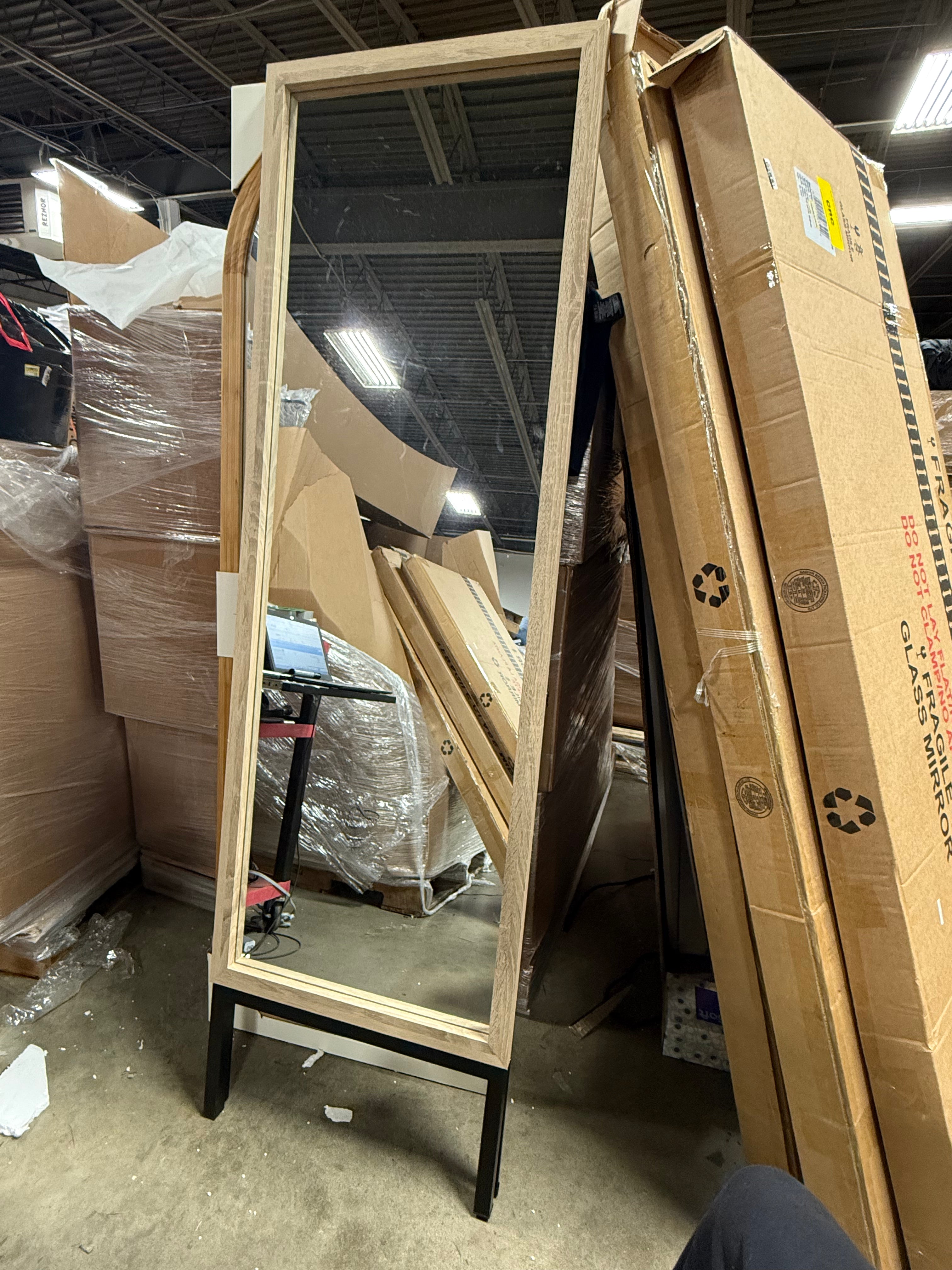Oak and Metal Modern Floor Mirror Brown