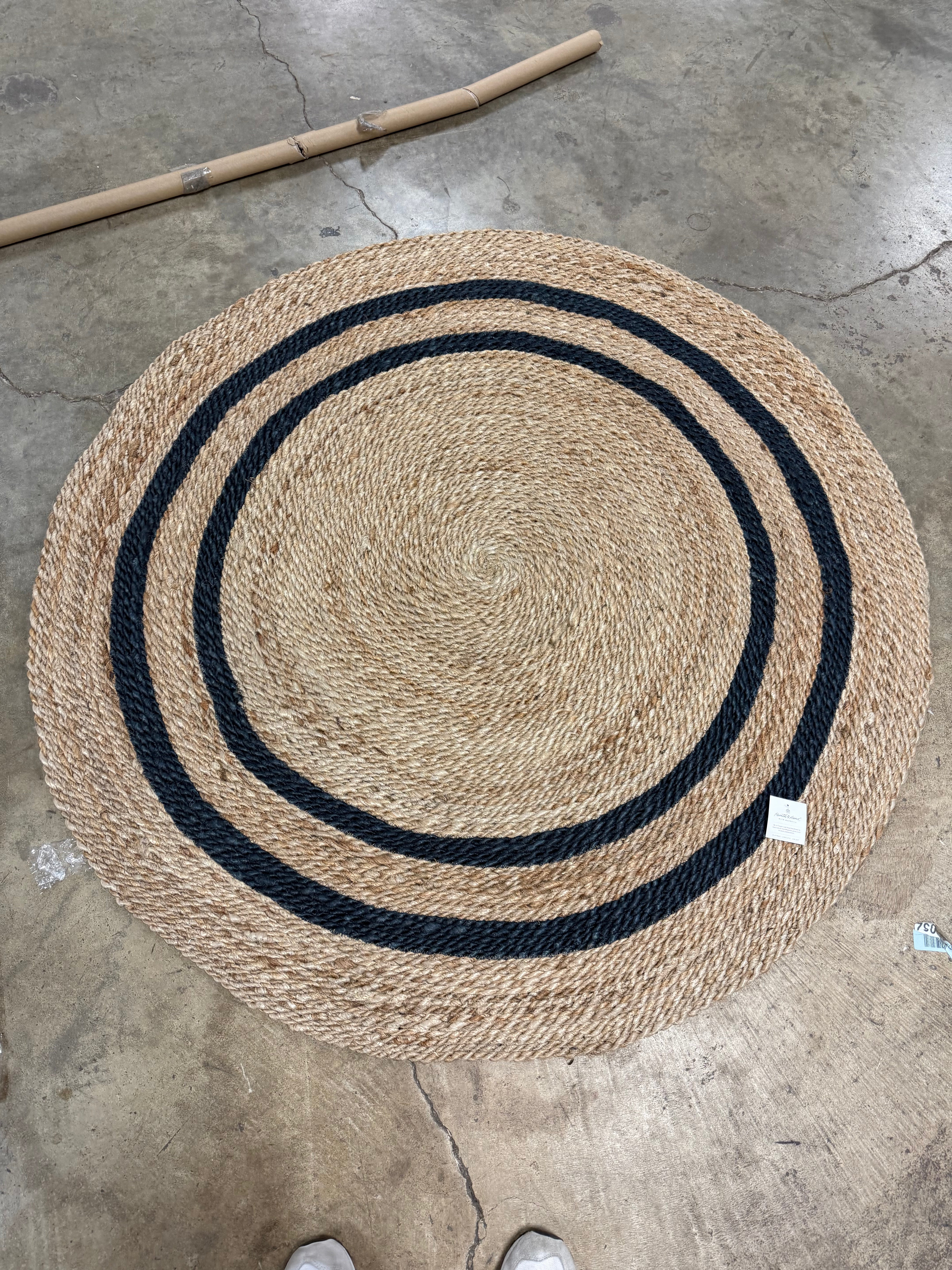 5" Round Double Stripe Braided Jute Area Rug Charcoal/Tan - Indoor Farmhouse Style, Machine Made