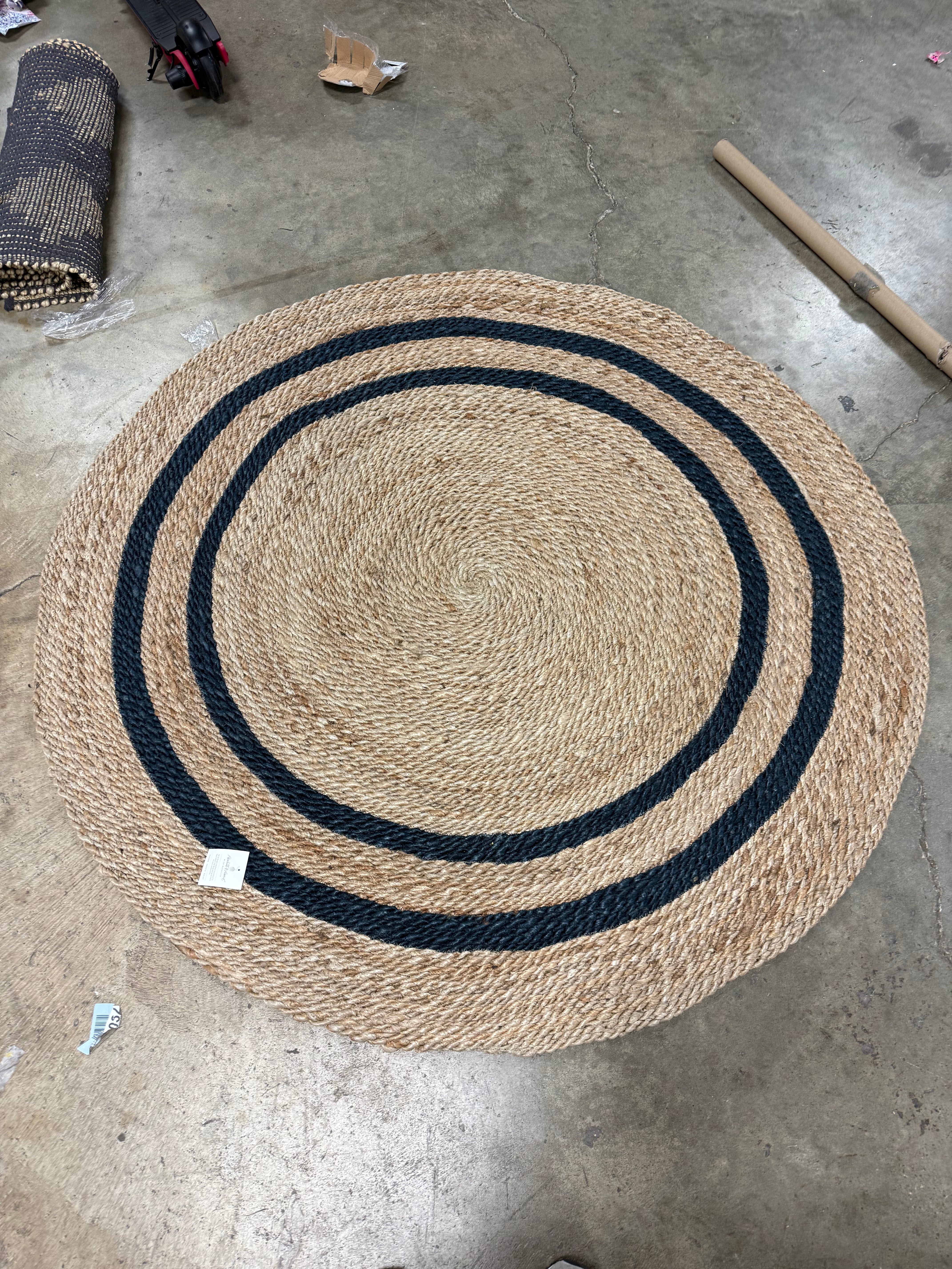 5" Round Double Stripe Braided Jute Area Rug Charcoal/Tan - Indoor Farmhouse Style, Machine Made