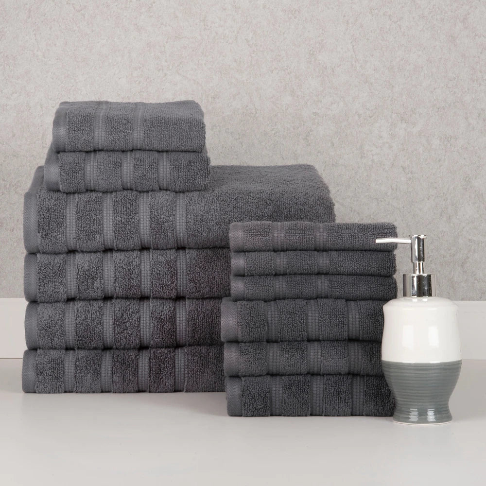 Bibb Home 12 Piece Zero Twist Egyptian Cotton Towel Set - Grey