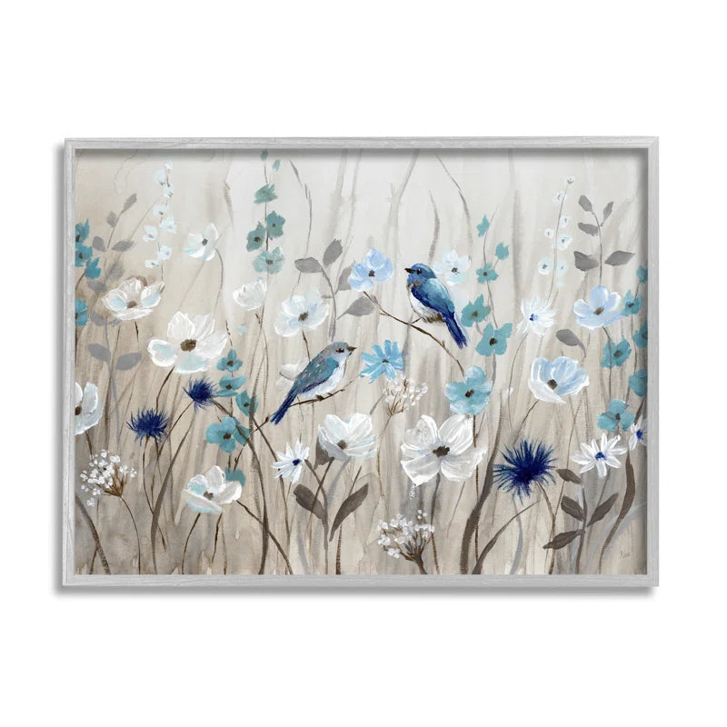 Birds Floral Meadow Blue White Blossoms Framed