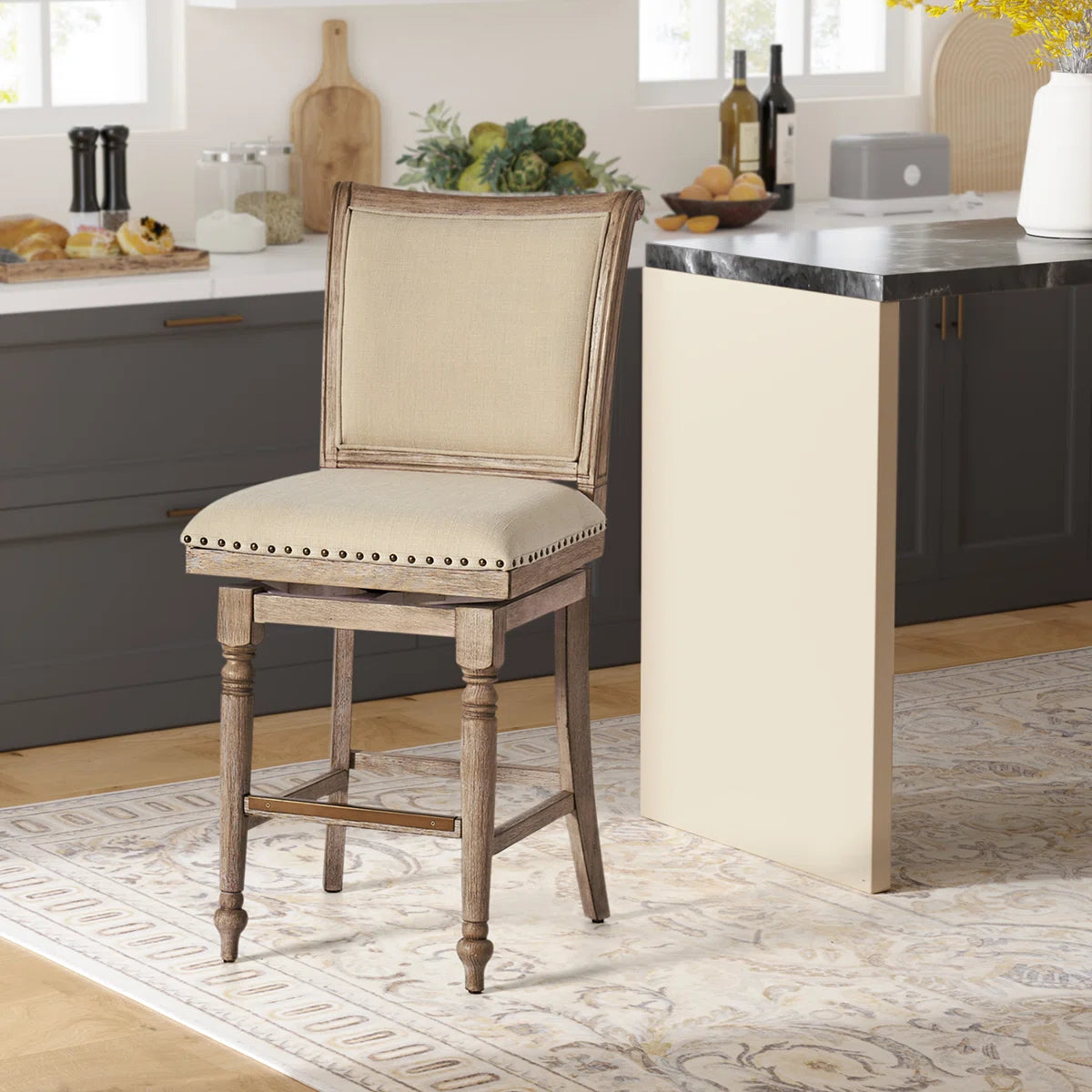 Blerona Farmhouse Swivel Bar Stool With Nailhead Trims