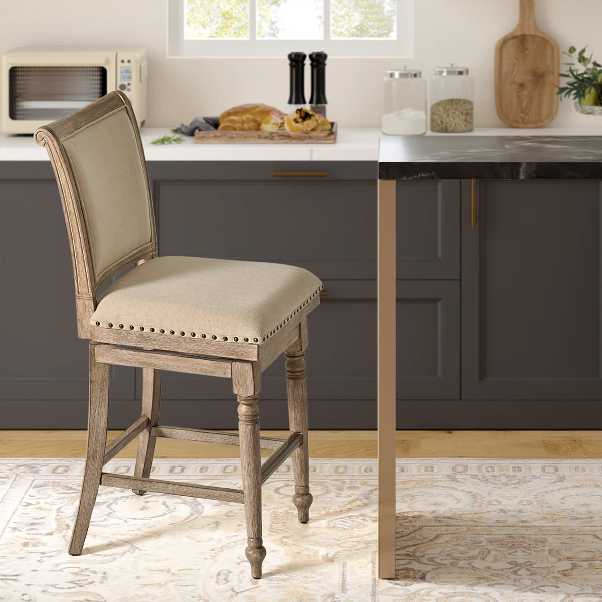 Blerona Farmhouse Swivel Bar Stool With Nailhead Trims