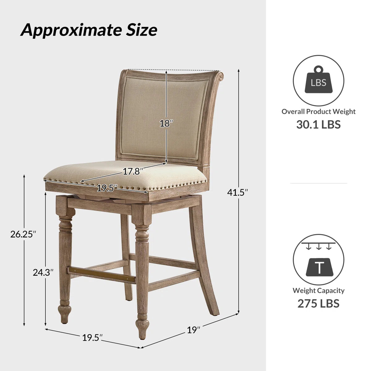 Blerona Farmhouse Swivel Bar Stool With Nailhead Trims