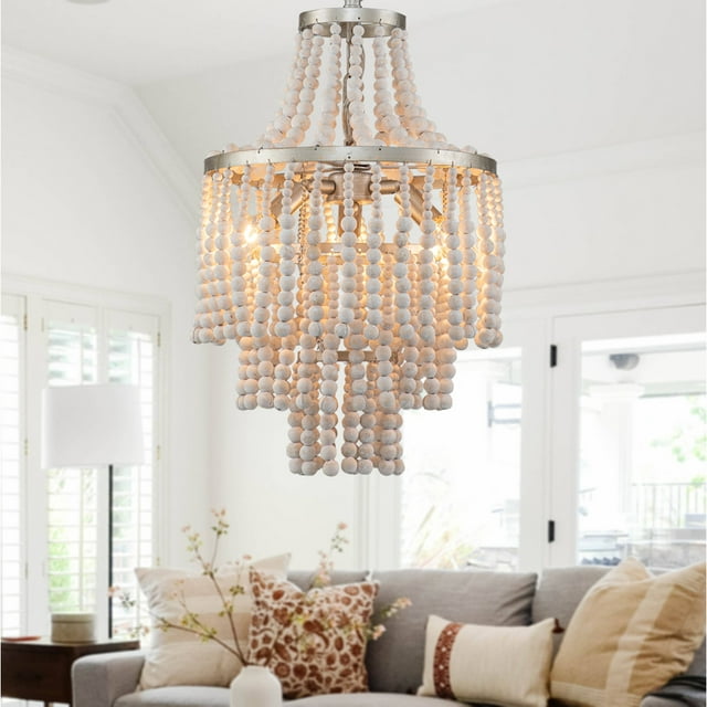 Bead Chandeliers, Rustic White Finish
