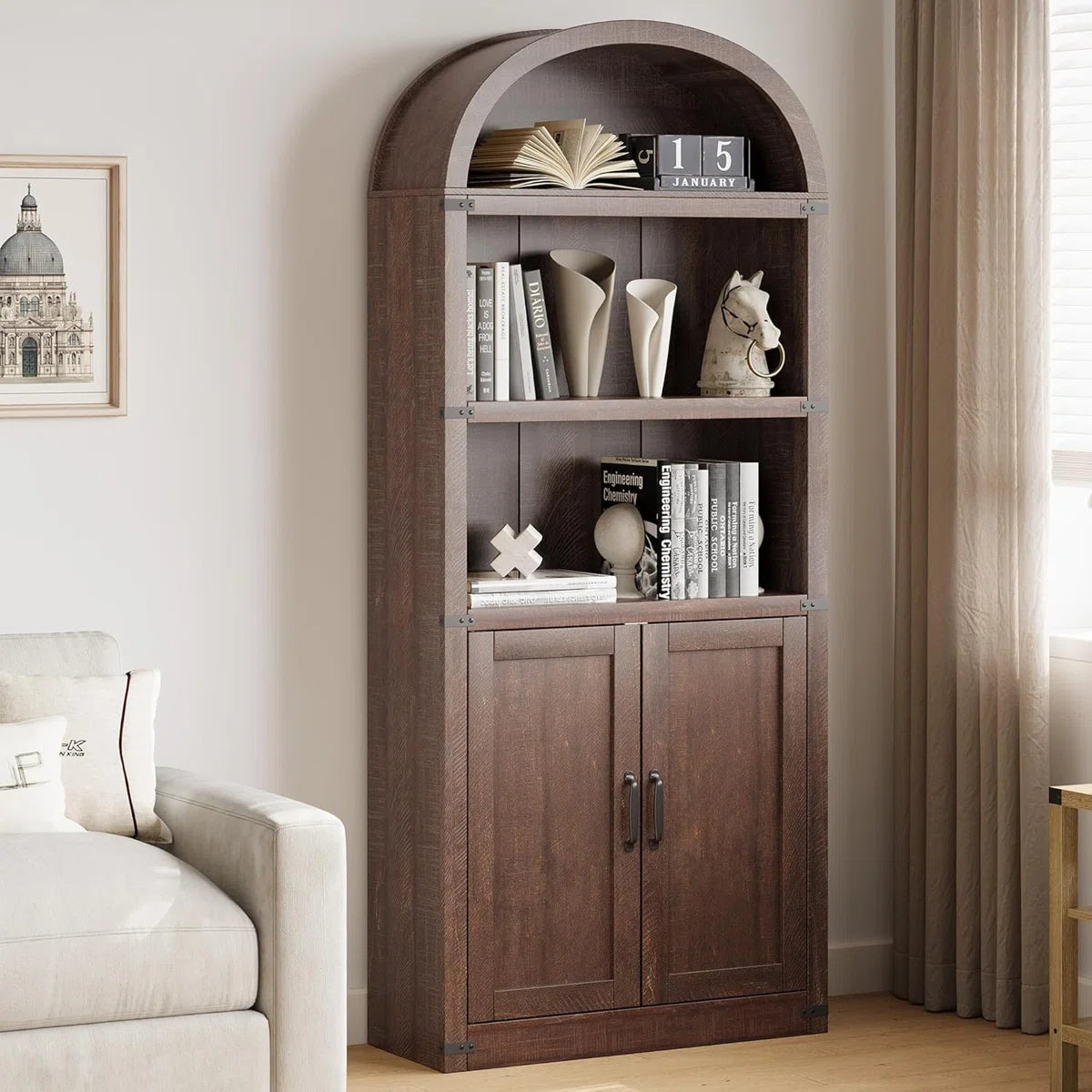71.65" Grey Farmhouse Arched Bookcase-SHOWROOM ITEM