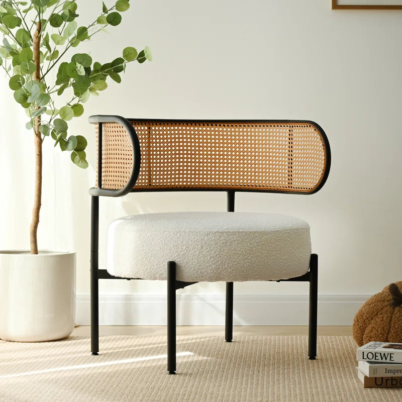 Boucle Upholstered Barrel ArmChair with Rattan Back