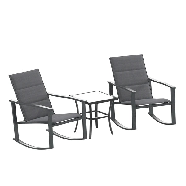 3 Piece Outdoor Rocking Chair Bistro Set with Flex Comfort Material and Metal Framed Glass Top Table