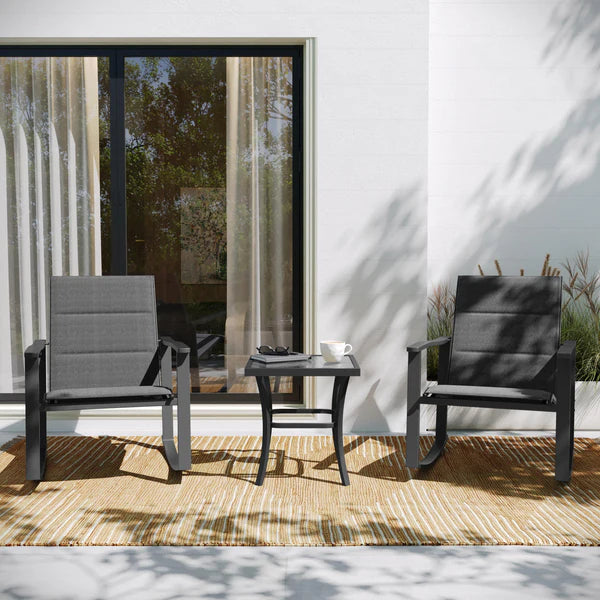 3 Piece Outdoor Rocking Chair Bistro Set with Flex Comfort Material and Metal Framed Glass Top Table